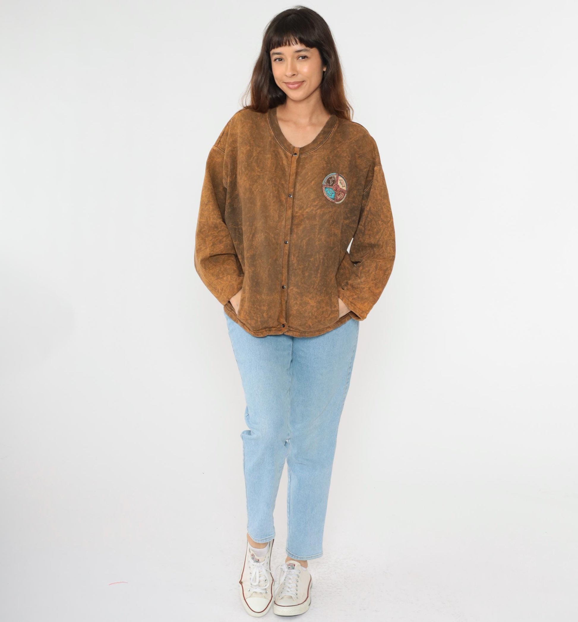 90s Stone Aged Rockwear Southwestern Cardigan Brown Animal Snap Shirt Medium Large