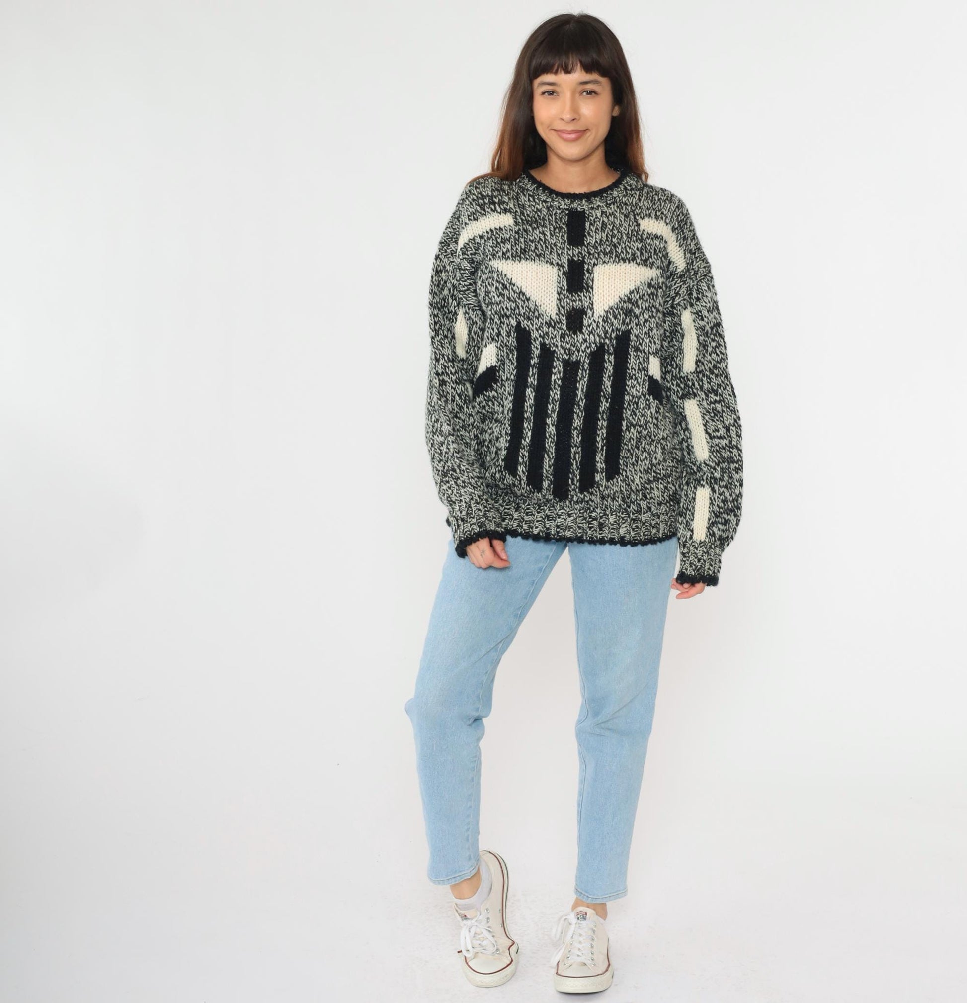 80s Michael Gerald Marled Knit Sweater Geometric Black White Crewneck Medium M