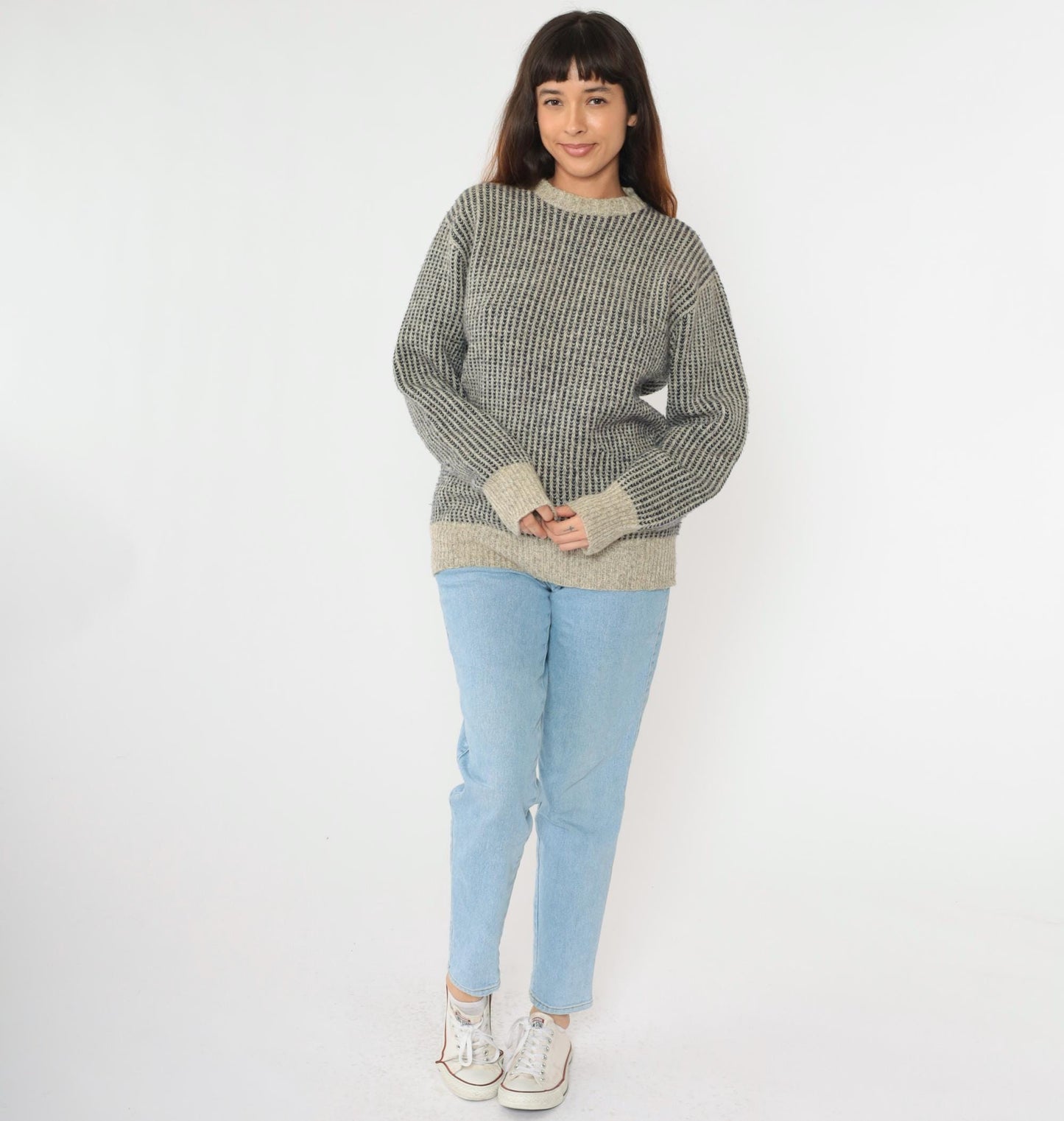 80s Wool Blend Striped Sweater Beige Navy Crew Neck Ribbed Knit Large L