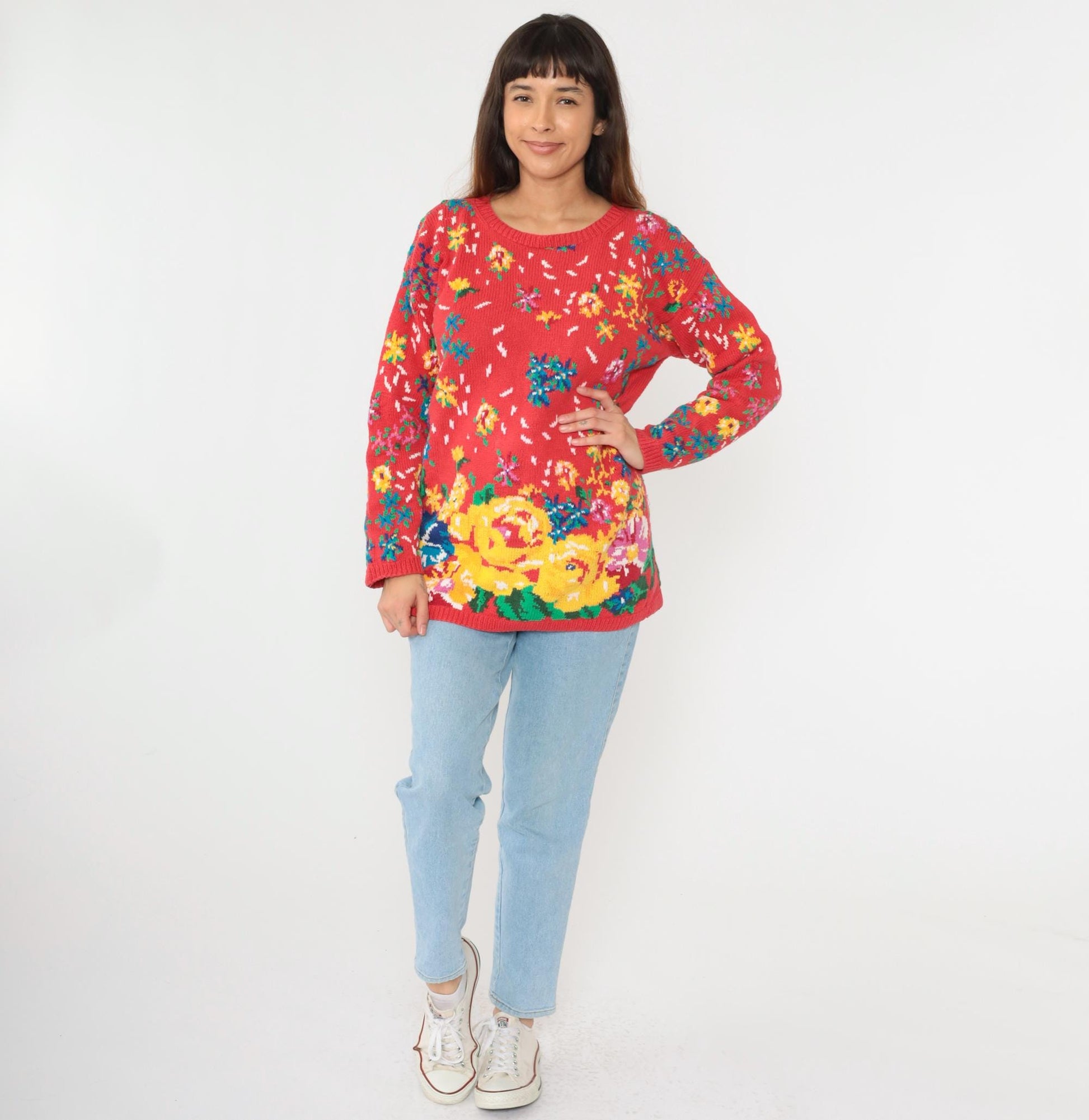 90s Adrienne Cittadini Red Floral Cotton Knit Sweater Crewneck Medium M