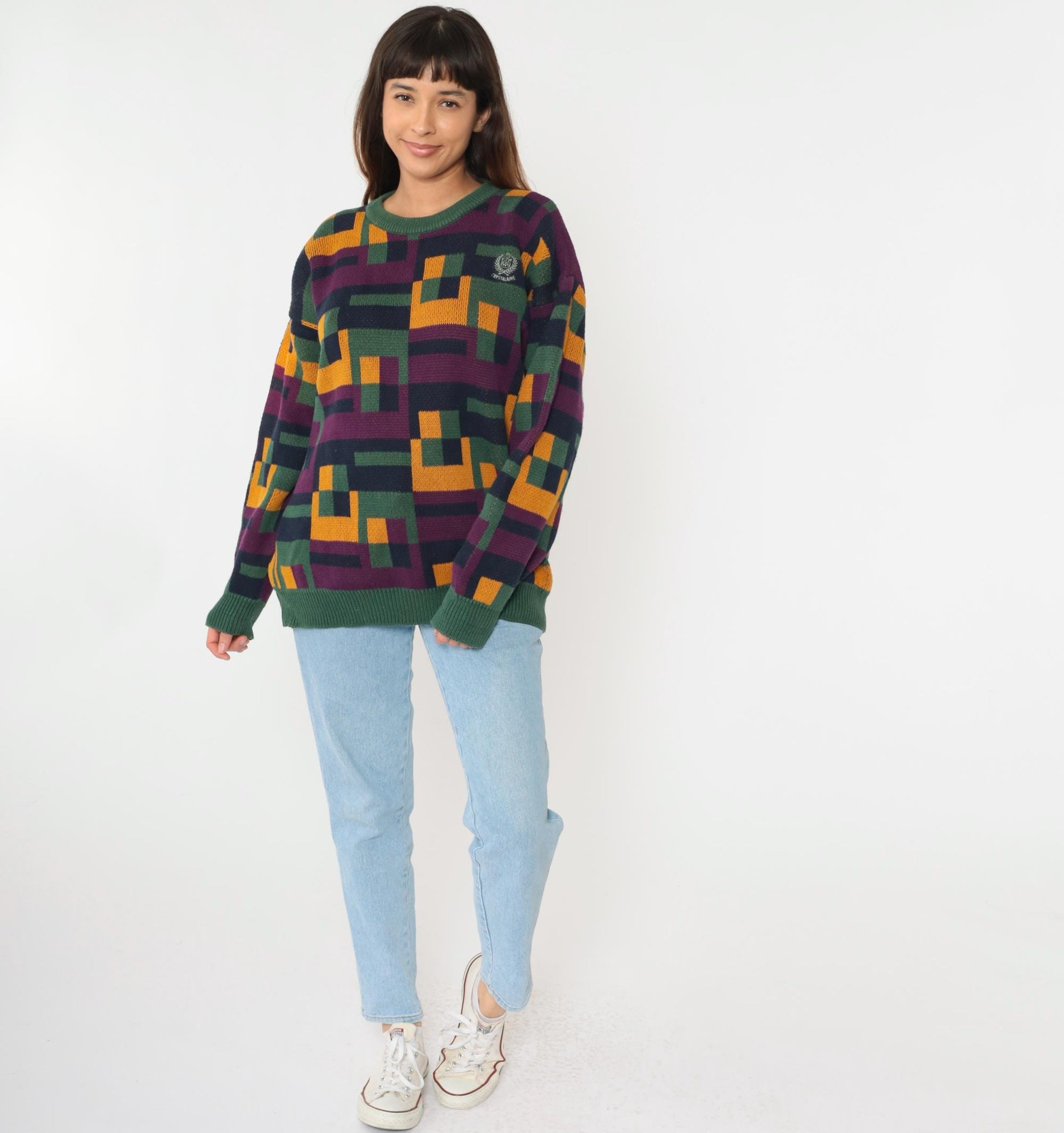 90s Izod Club Crystalaire Geometric Pullover Green Yellow Purple Cotton Large L