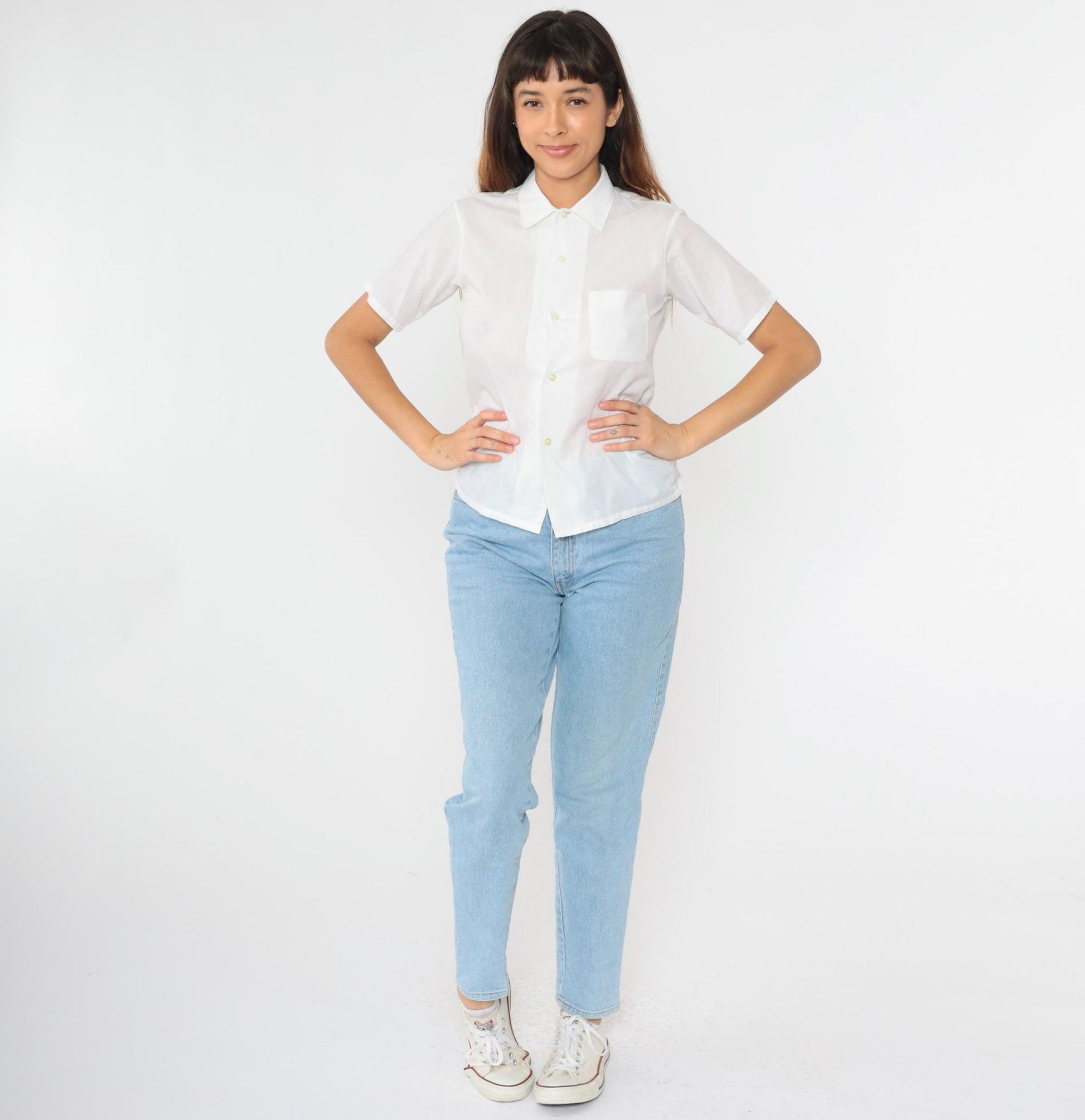 70s White Button Up Shirt Pointed Collar Chest Pocket Short Sleeve Extra Small