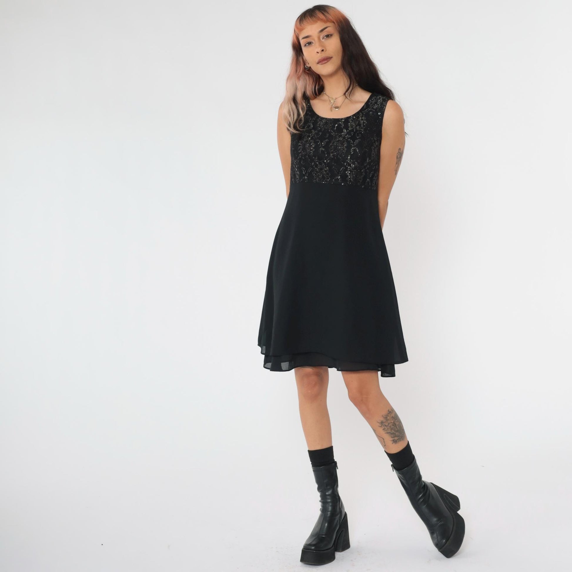 90s Black Lace Mini Dress Metallic Bodice Scoop Neck High Waist Flare Small 6