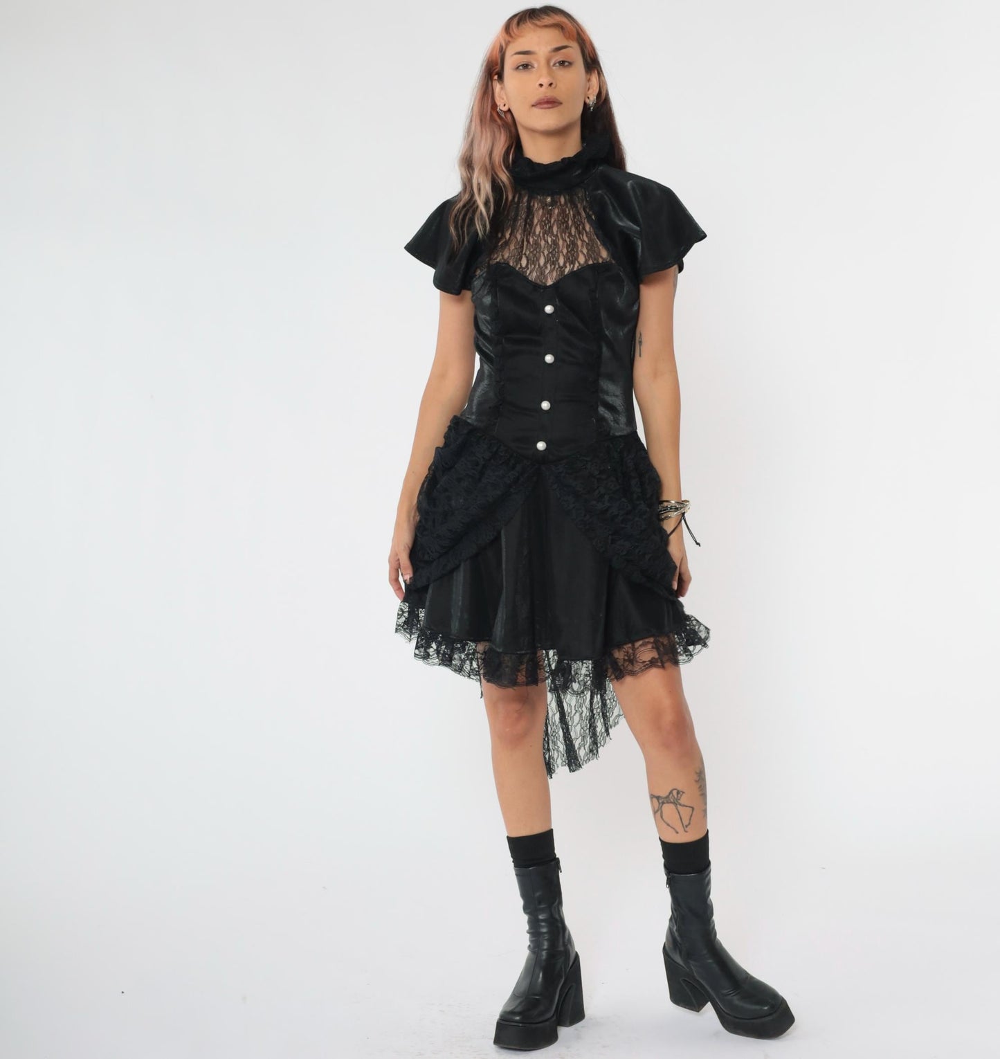 Y2K Black Lace Corset Dress Sweetheart Neckline Asymmetrical Mini Small S