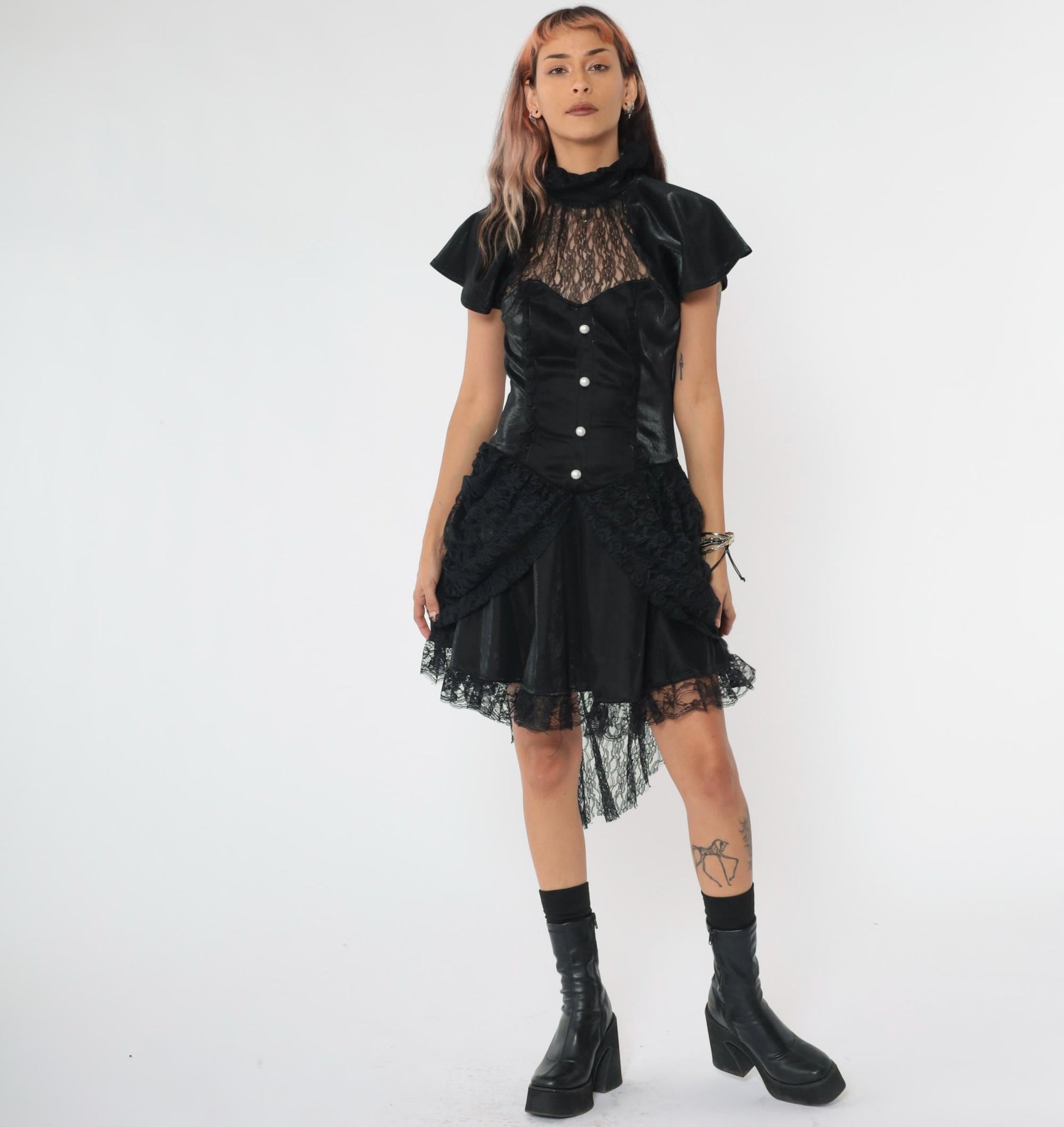 Y2K Black Lace Corset Dress Sweetheart Neckline Asymmetrical Mini Small S