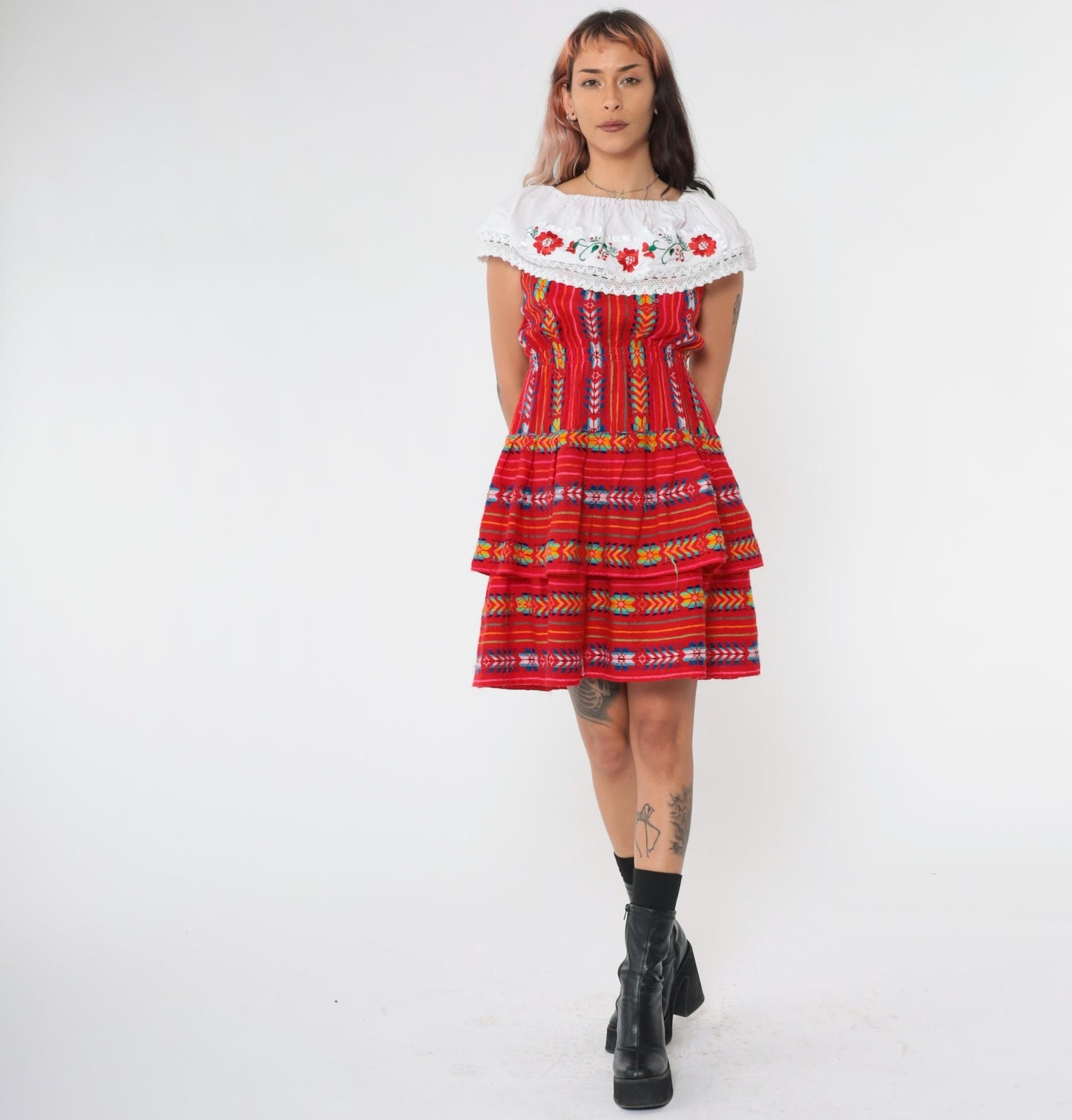90s Red Mexican Embroidered Mini Dress Off-Shoulder Elastic Waist Small