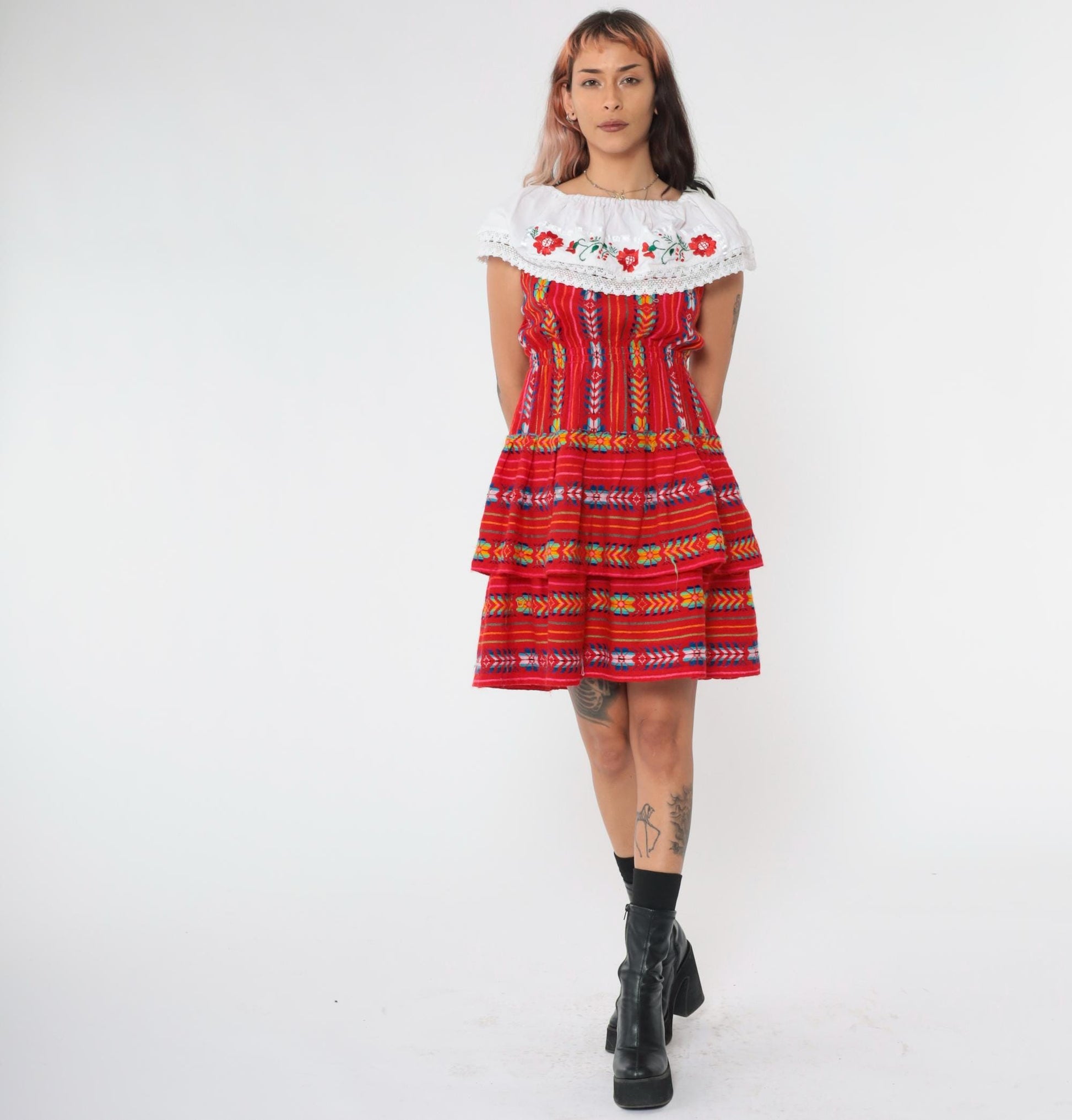 90s Red Mexican Embroidered Mini Dress Off-Shoulder Elastic Waist Small