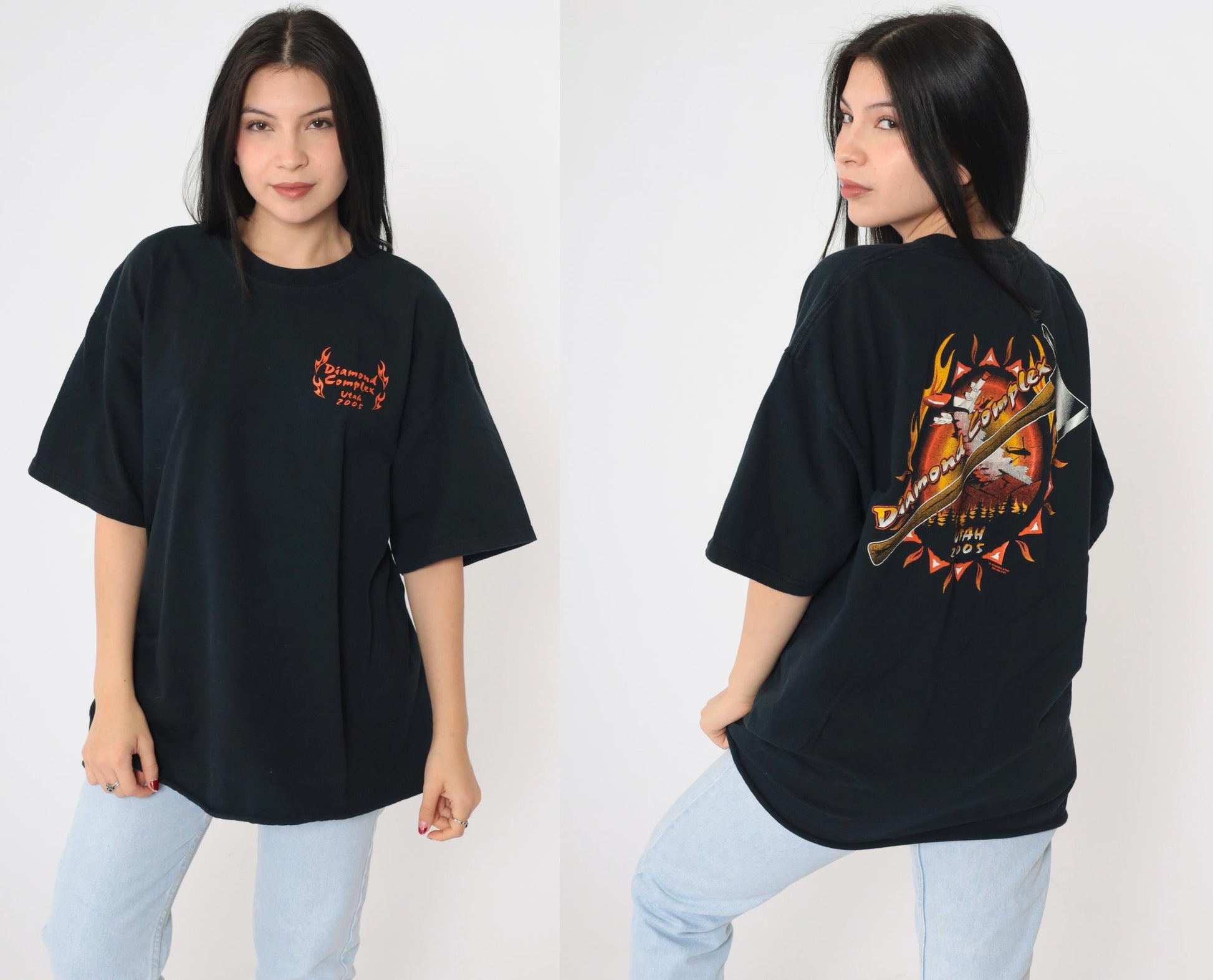 2000s Diamond Complex Firefighter Wildfire Graphic T-Shirt Black Extra Large