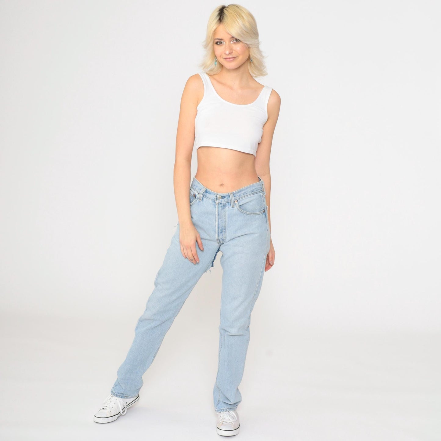 90s Levi's 501 Straight Leg Jeans Blue Distressed Ripped Patches Small W28 L32