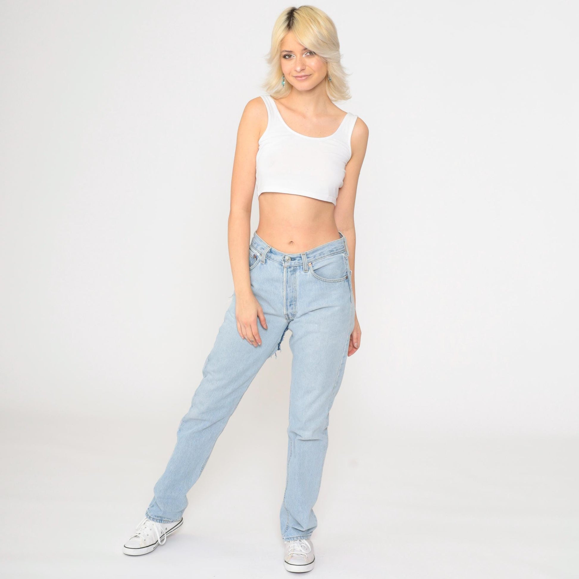 90s Levi's 501 Straight Leg Jeans Blue Distressed Ripped Patches Small W28 L32