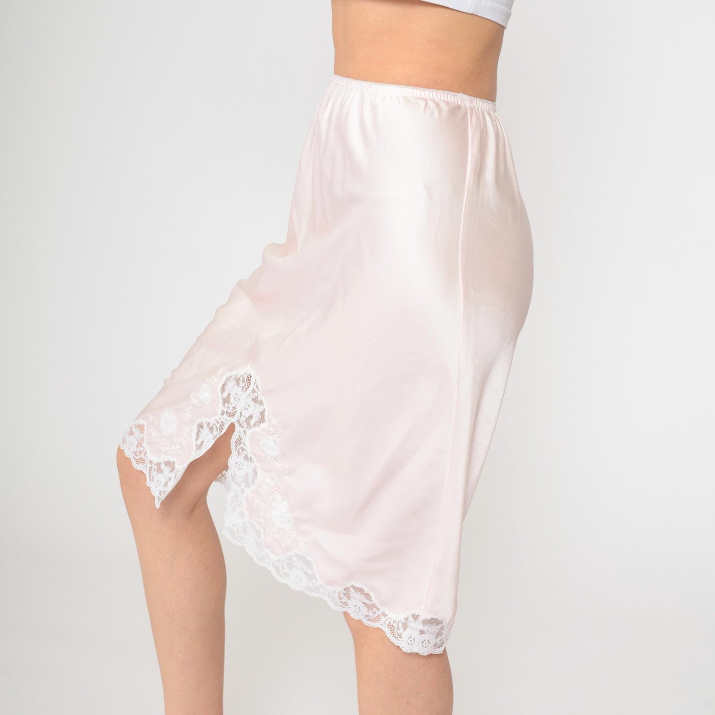 80s Pink Slip Skirt Lace Floral Embroidered Elastic Waist Small