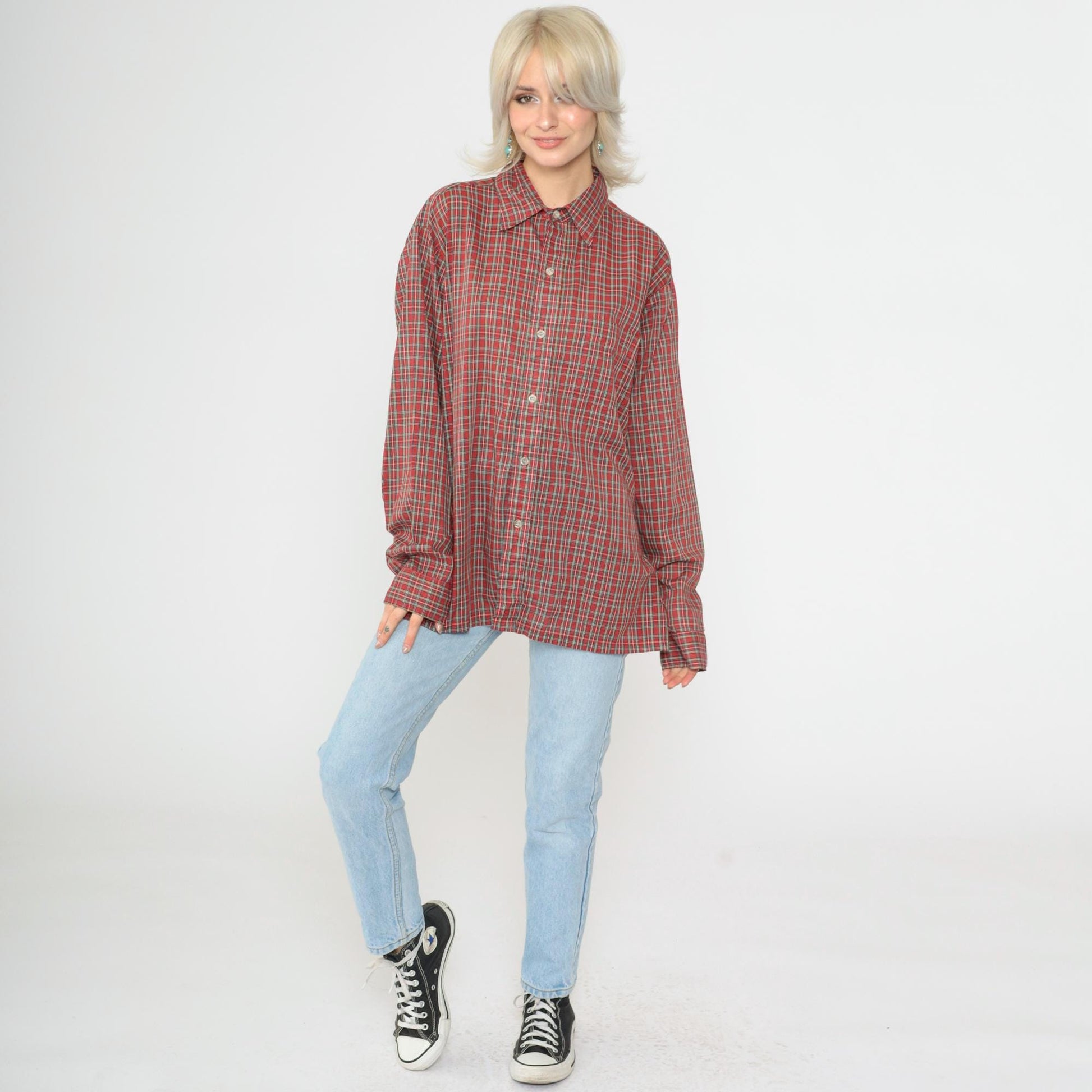 80s Red Plaid Button-Up Shirt Tartan Checkered Long Sleeve Extra Large XL
