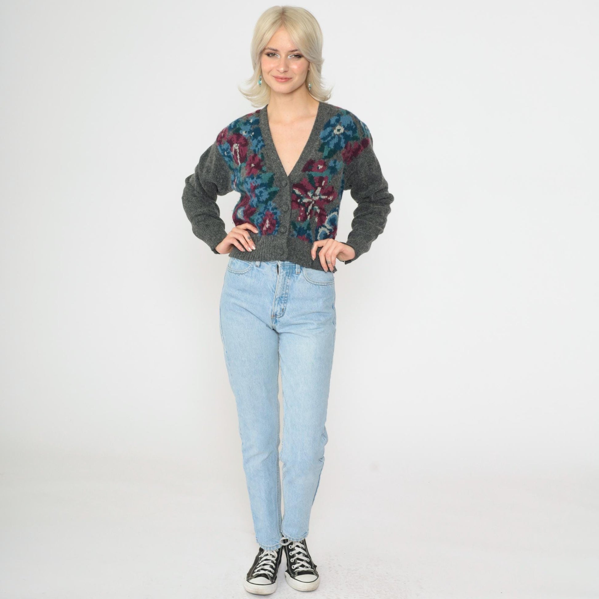 90s J.H Collectibles Wool Cardigan Grey Floral Cropped Angora Knit Small