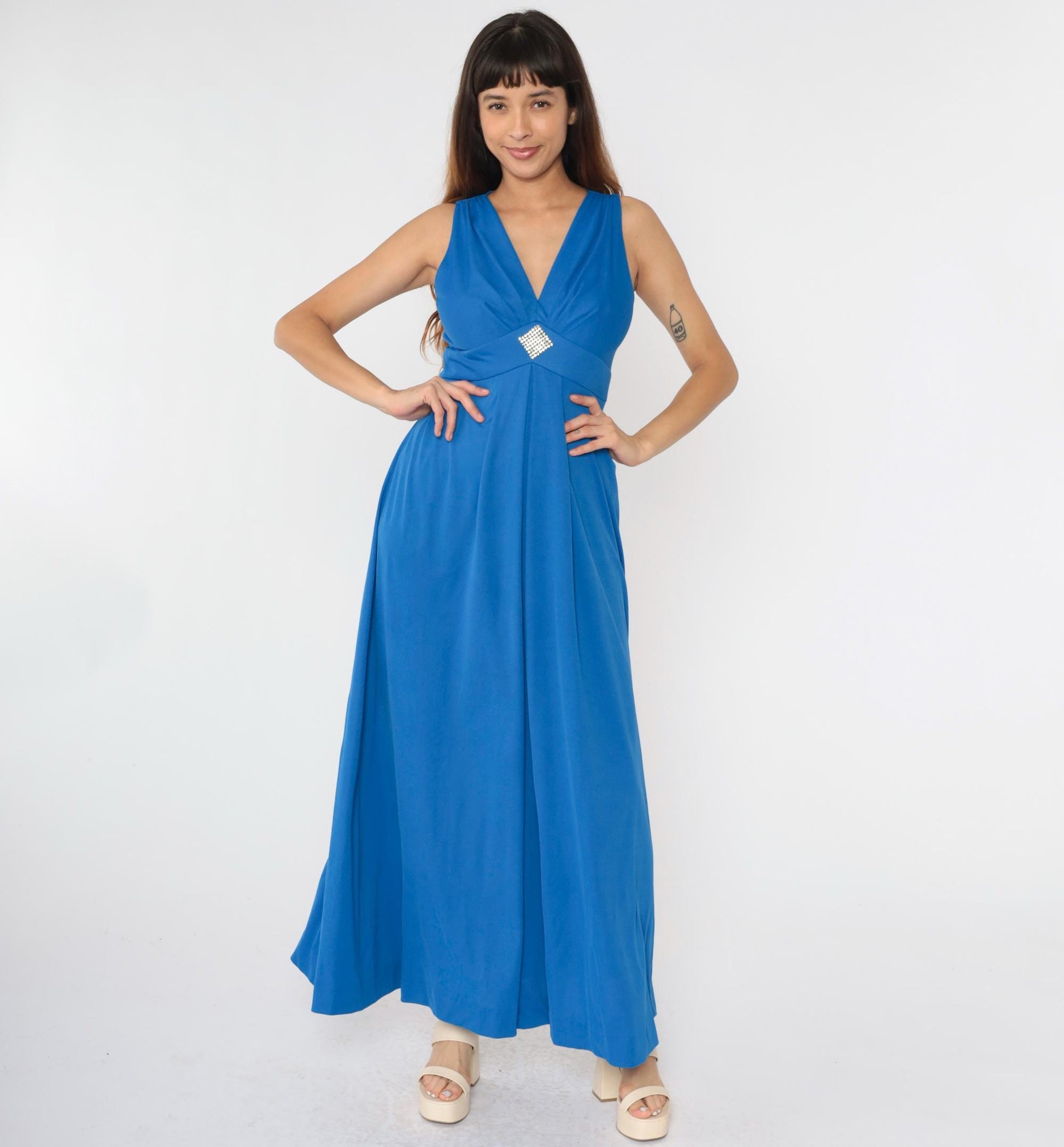 70s Blue Maxi Dress Rhinestone Empire Waist V Neck Sleeveless Small