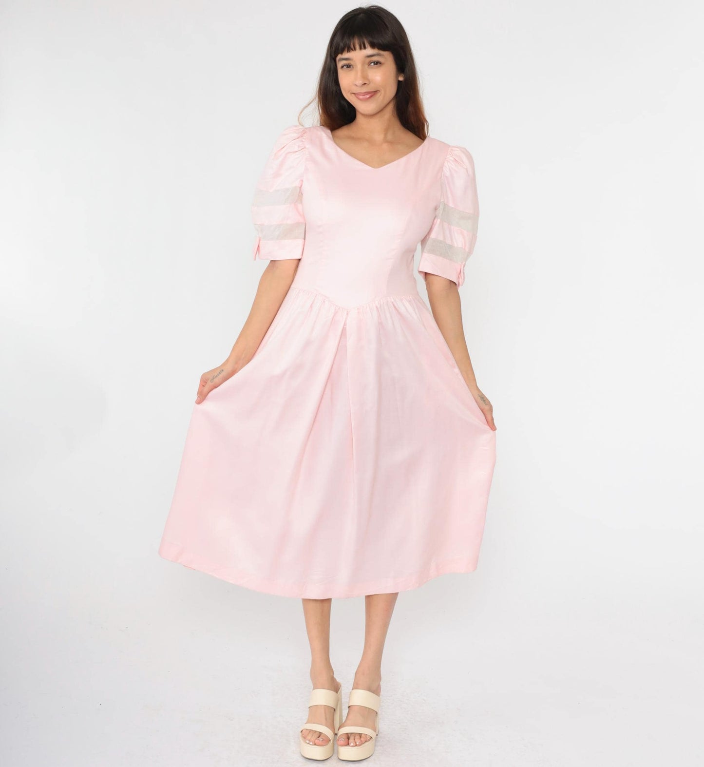 80s Lanz Originals Baby Pink Puff Sleeve Midi Dress Basque Waist Medium 8