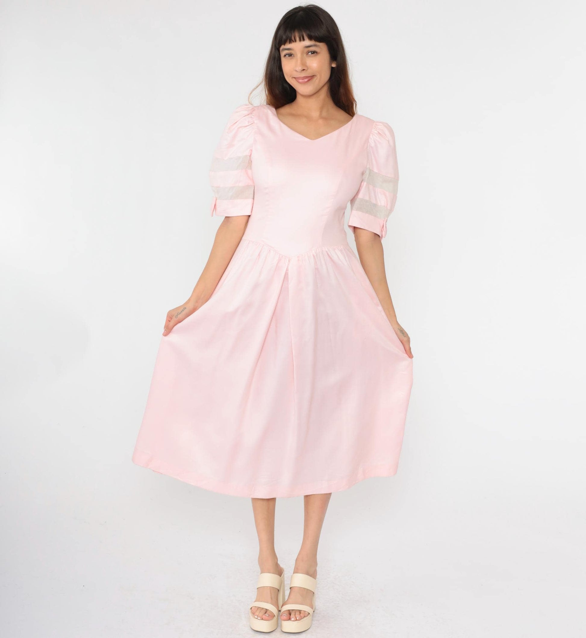 80s Lanz Originals Baby Pink Puff Sleeve Midi Dress Basque Waist Medium 8