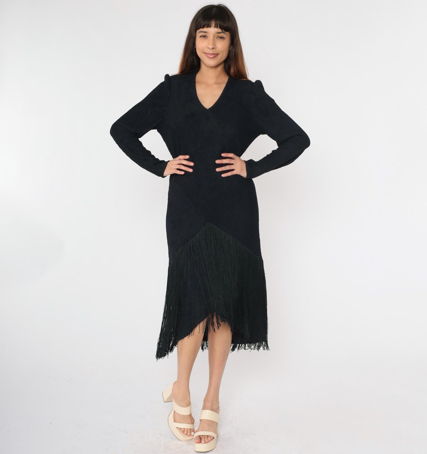 80s Black Fringe Midi Dress V-Neck Long Sleeve Ribbed Sheath Large L