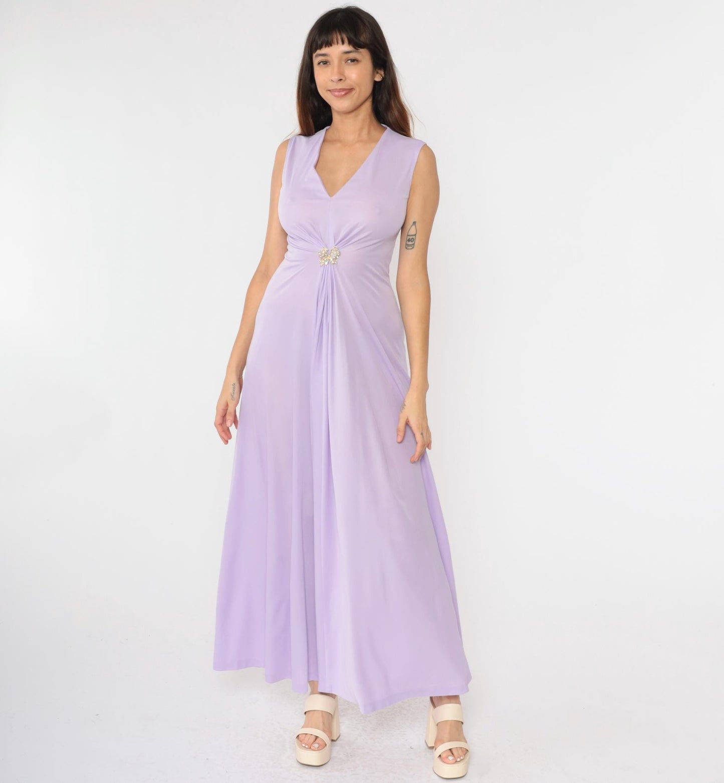 70s Lavender Maxi Dress Rhinestone Butterfly Deep V Sleeveless Small