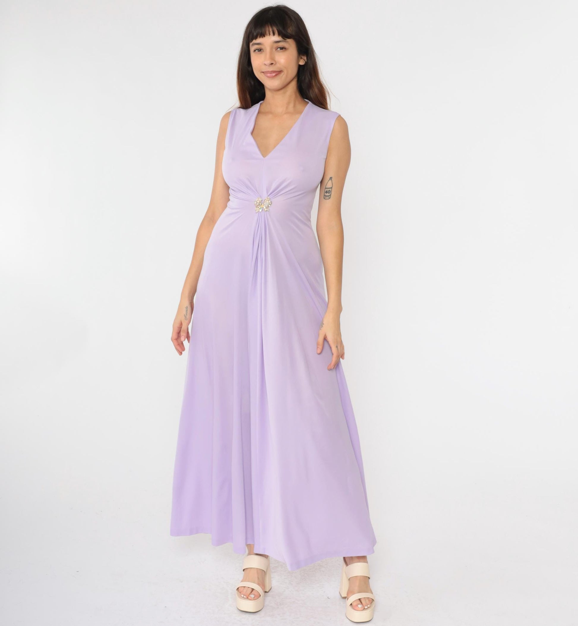 70s Lavender Maxi Dress Rhinestone Butterfly Deep V Sleeveless Small