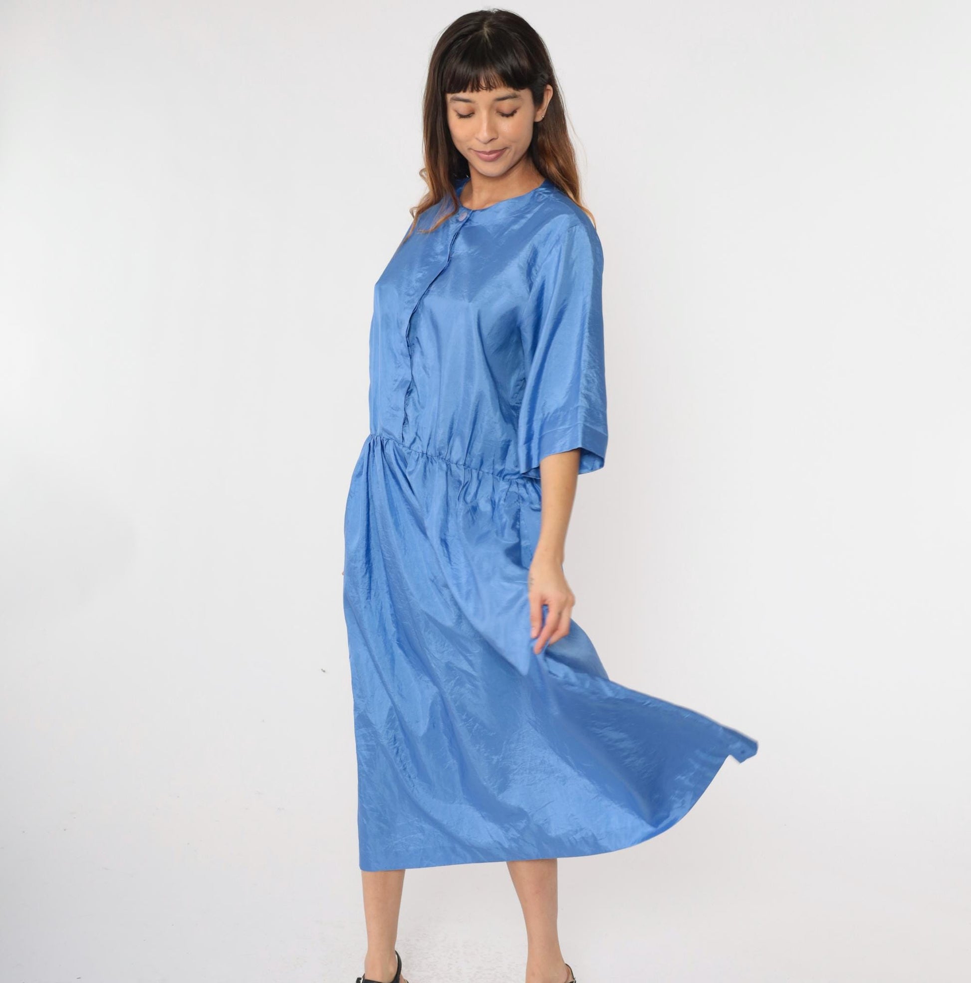 80s Ms Chaus Blue Shiny Midi Shirtdress High Waisted Button Up Medium Large