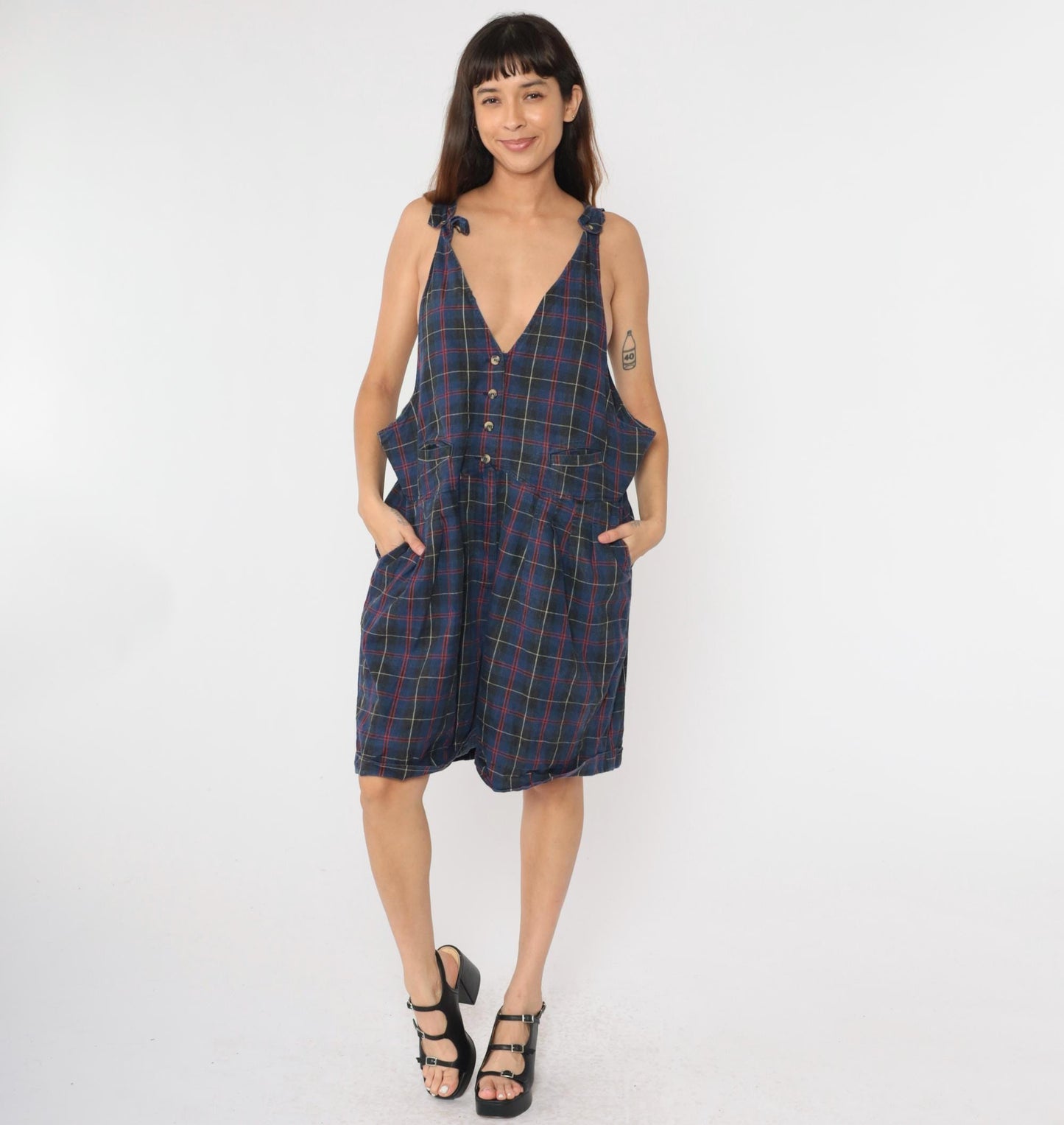 90s Catch the Spirit Checkered Romper Plus Size Charcoal Blue Deep V Neck 26W
