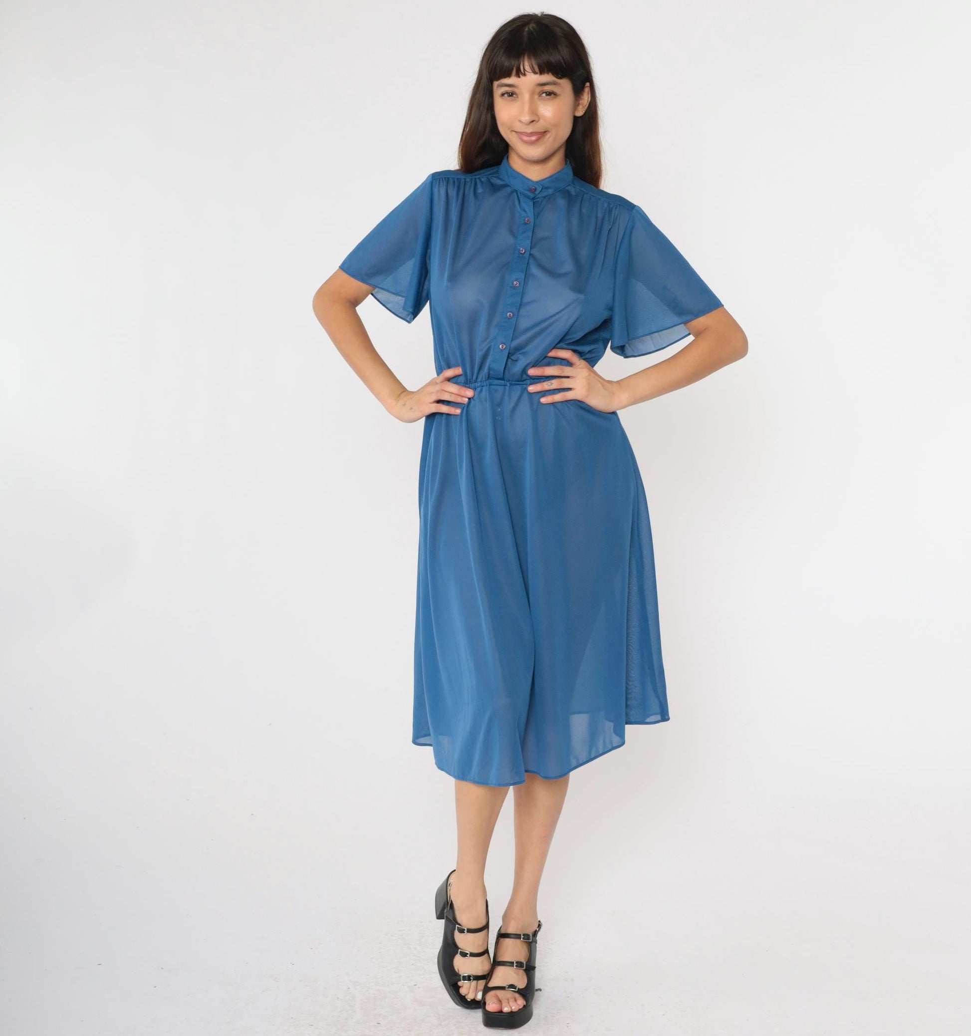 70s Blue Semi-Sheer Midi Shirtdress Flutter Sleeve Button-Up High Waisted Small Medium