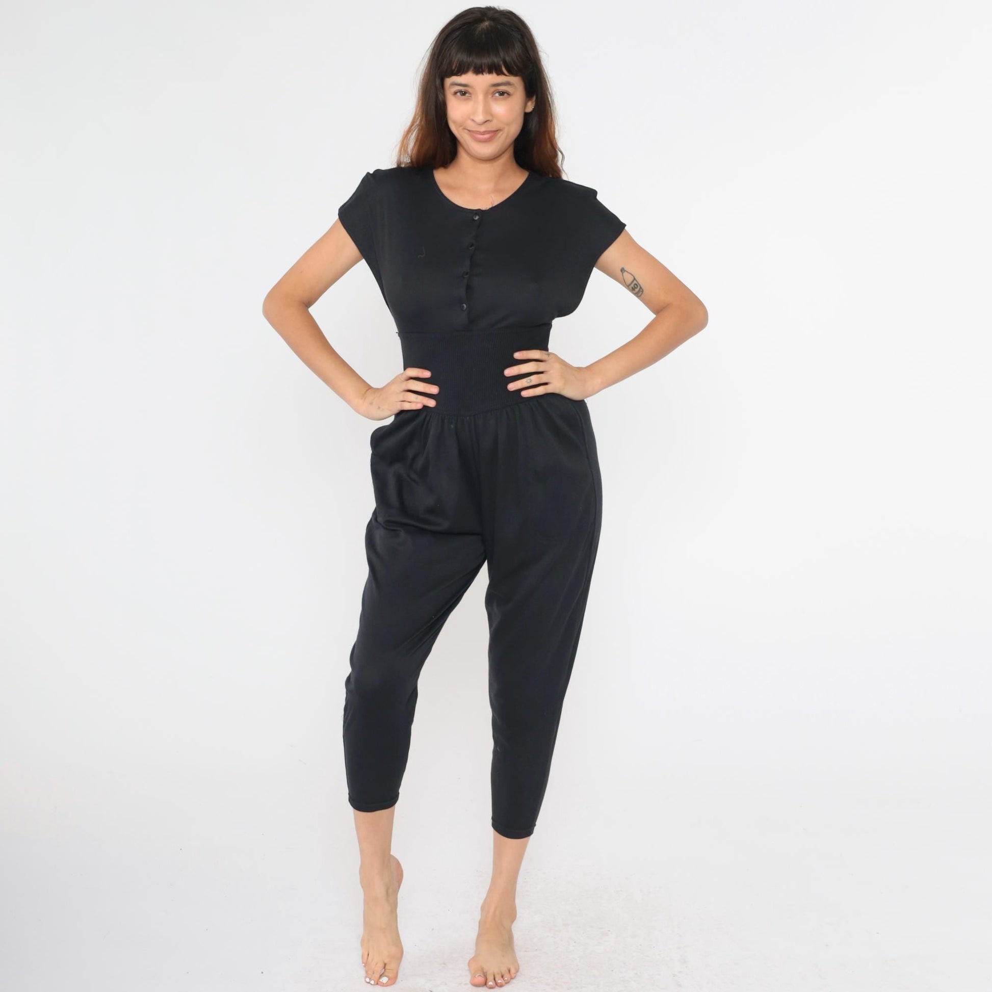 80s Black Button-Up Jumpsuit High Waist Dolman Sleeve Cropped Tapered Small
