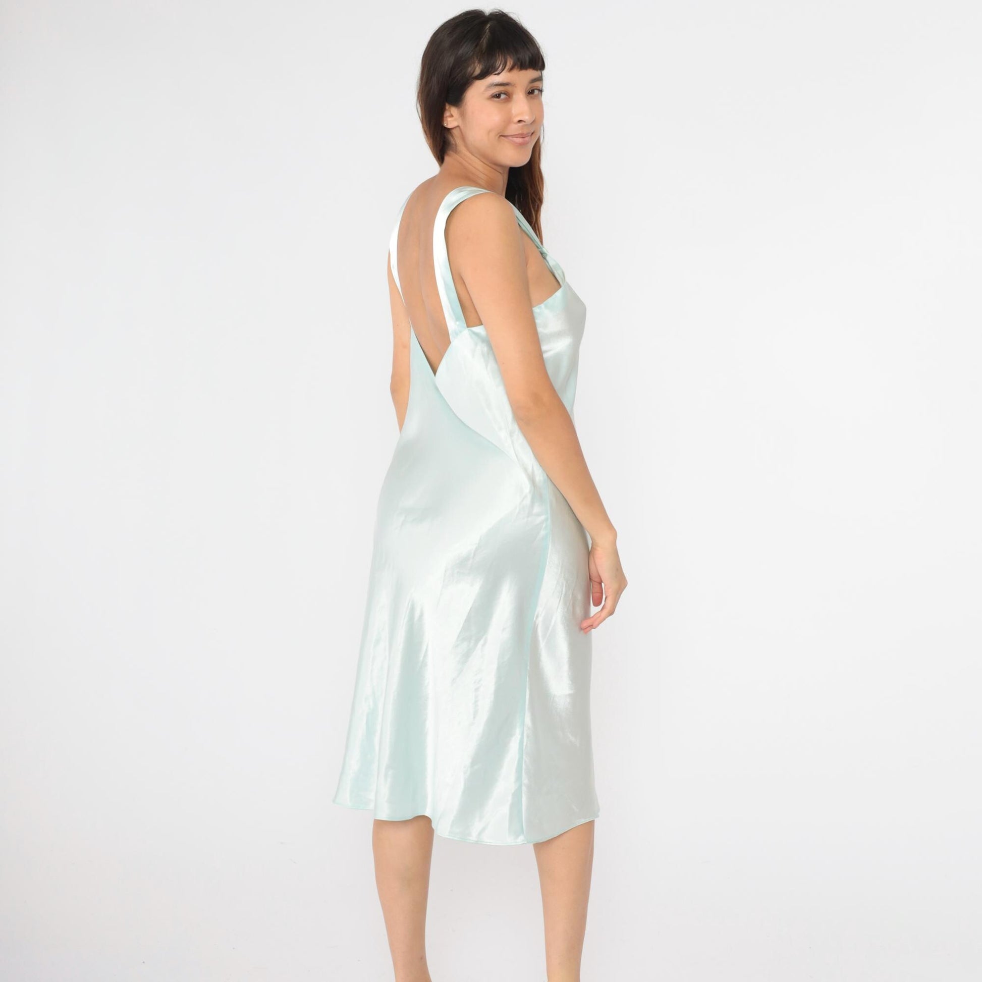 00s Victoria's Secret Ice Blue Satin Slip Dress Midi Ruffled Slit Large L