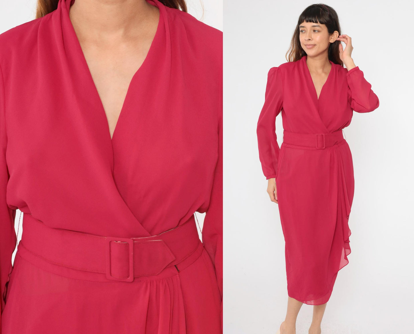 80s Miss Elliette Fuchsia Chiffon Midi Dress Puff Sleeve High Waist Medium