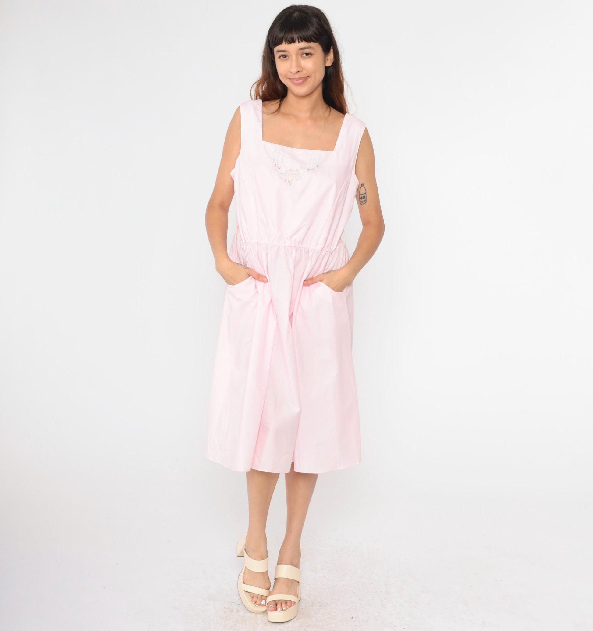 80s Miss Joni of California Baby Pink Floral Midi Dress Cutout Back Extra Large