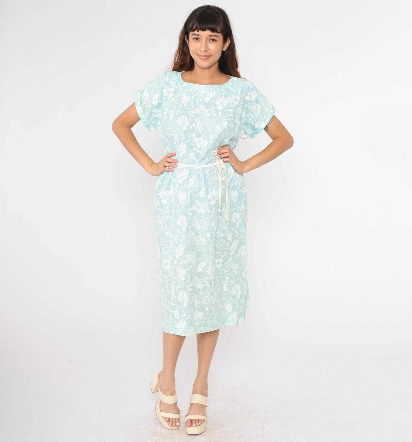 80s Light Blue Floral Midi Dress High Waisted Button Side Slit Dolman Sleeve Large