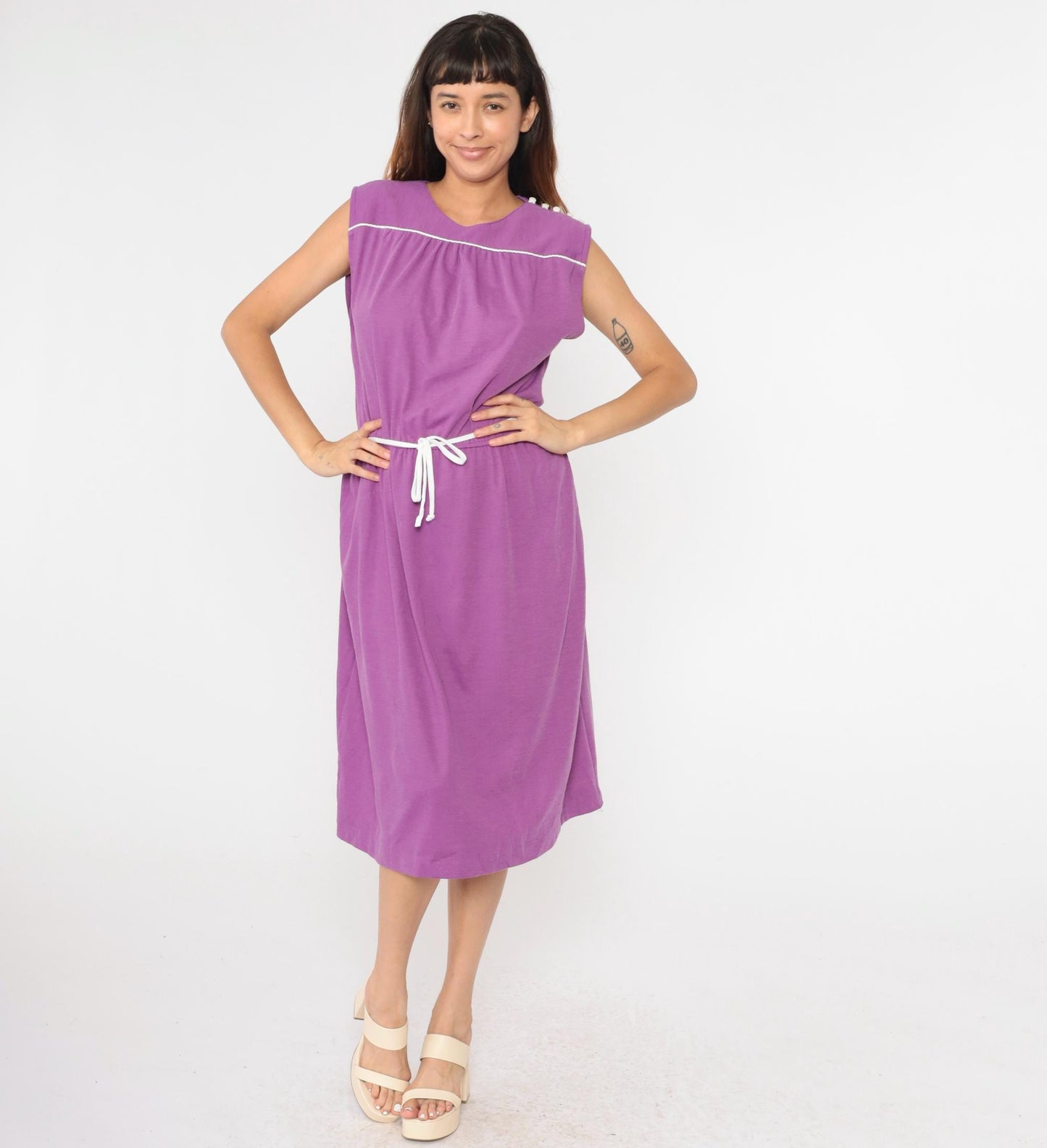 80s Purple Midi Sundress Sleeveless High Waist Button Shoulder Small Medium
