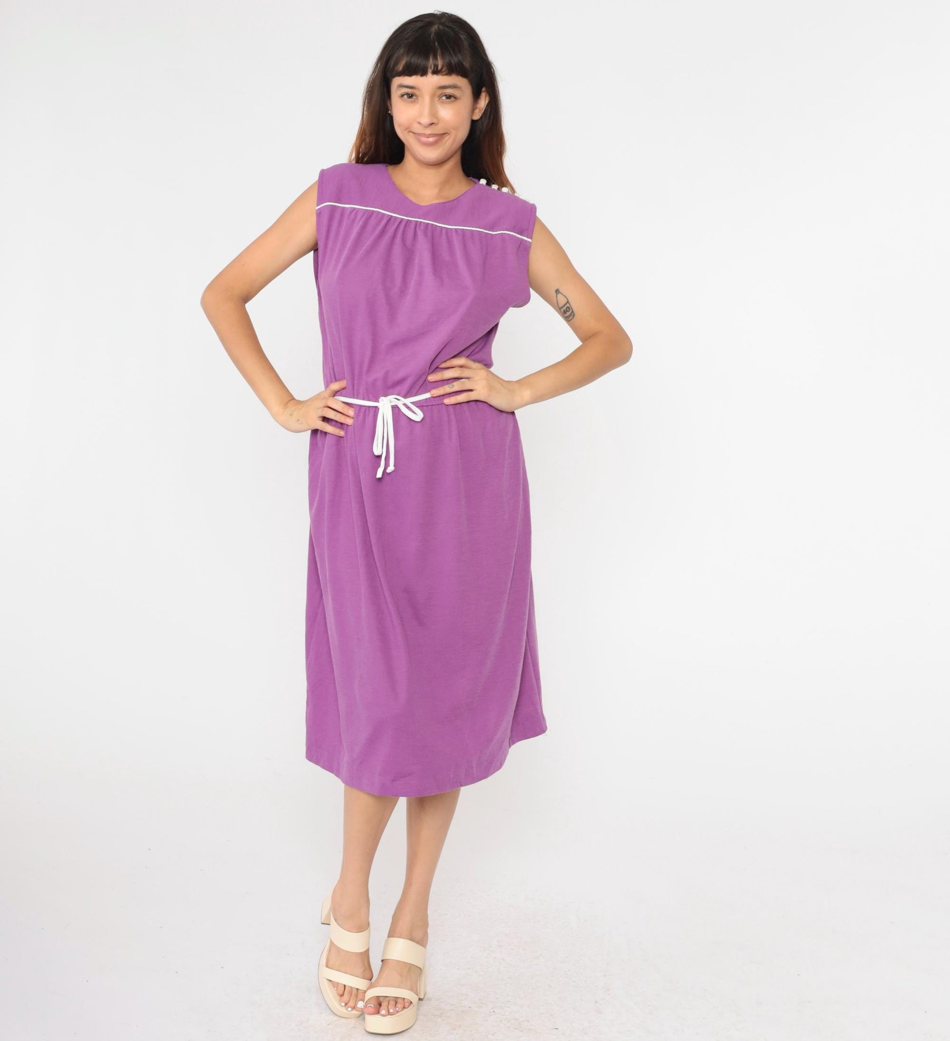 80s Purple Midi Sundress Sleeveless High Waist Button Shoulder Small Medium