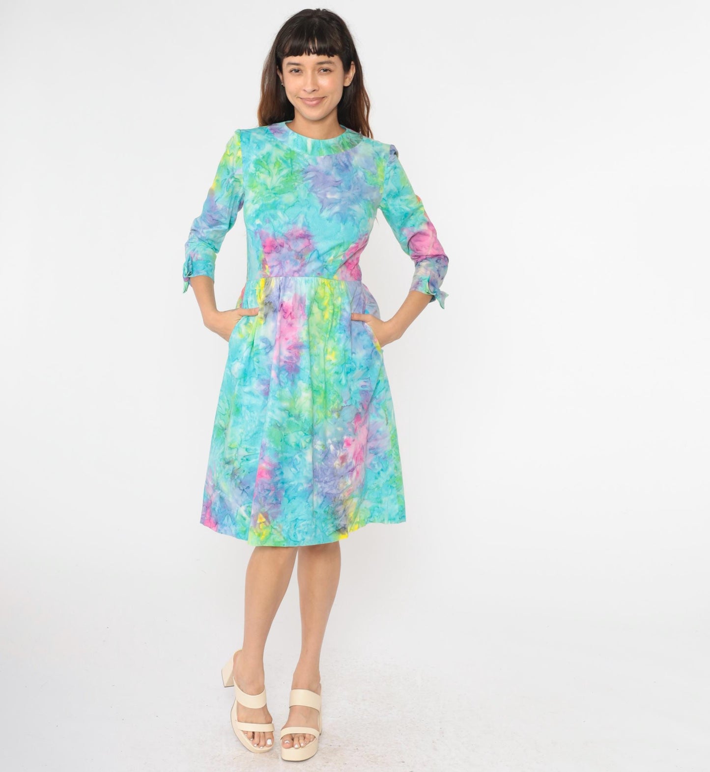 70s Tie Dye Dress High Waist Bow 3/4 Sleeve Midi Blue Green Pink Small