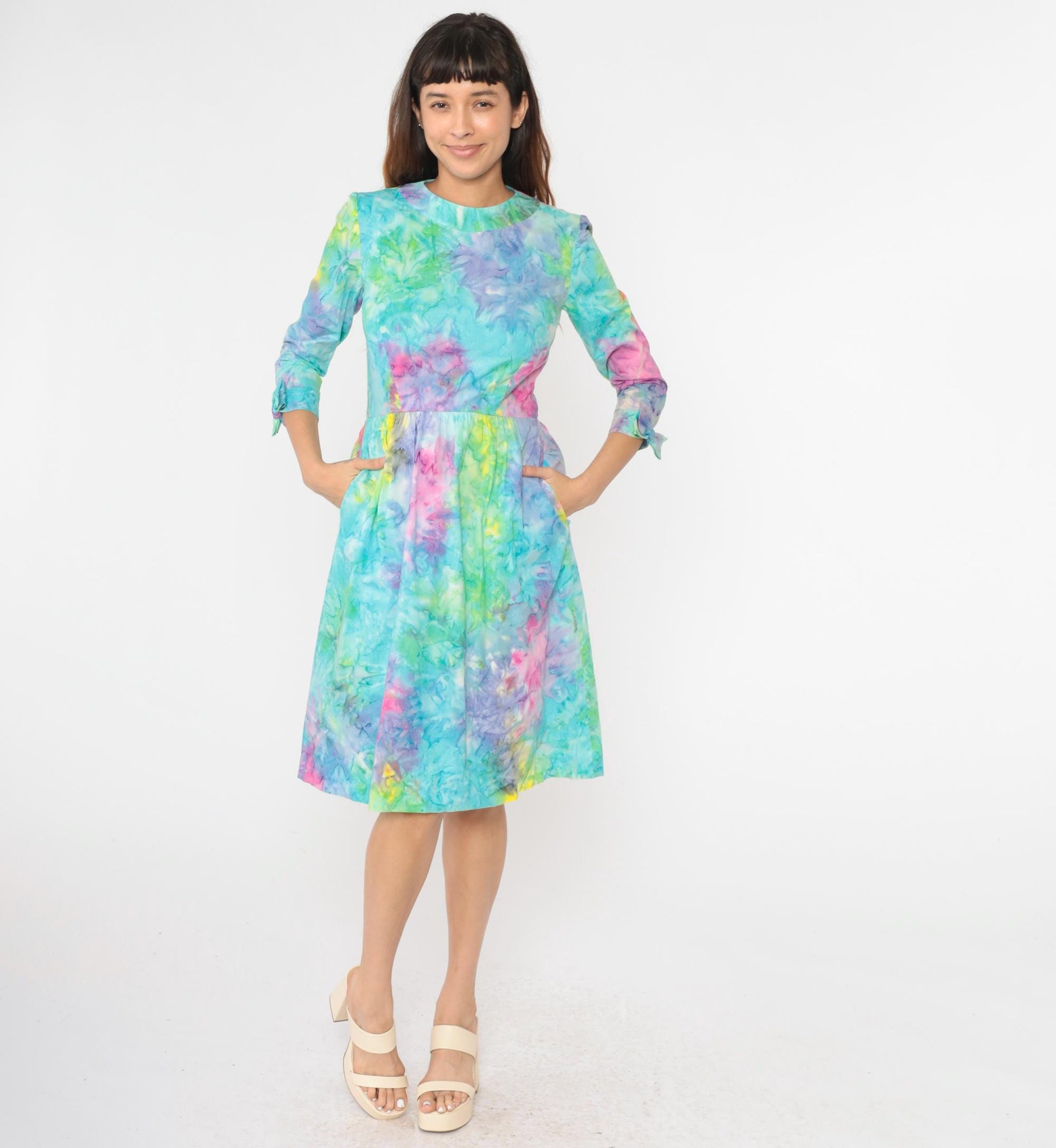 70s Tie Dye Dress High Waist Bow 3/4 Sleeve Midi Blue Green Pink Small