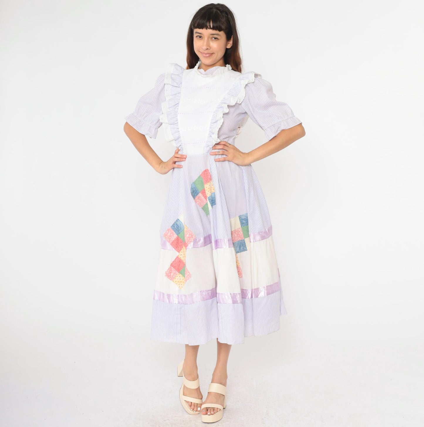 80s Jeri Bee Square Dance Dress Lavender Striped Puff Sleeve Midi Small