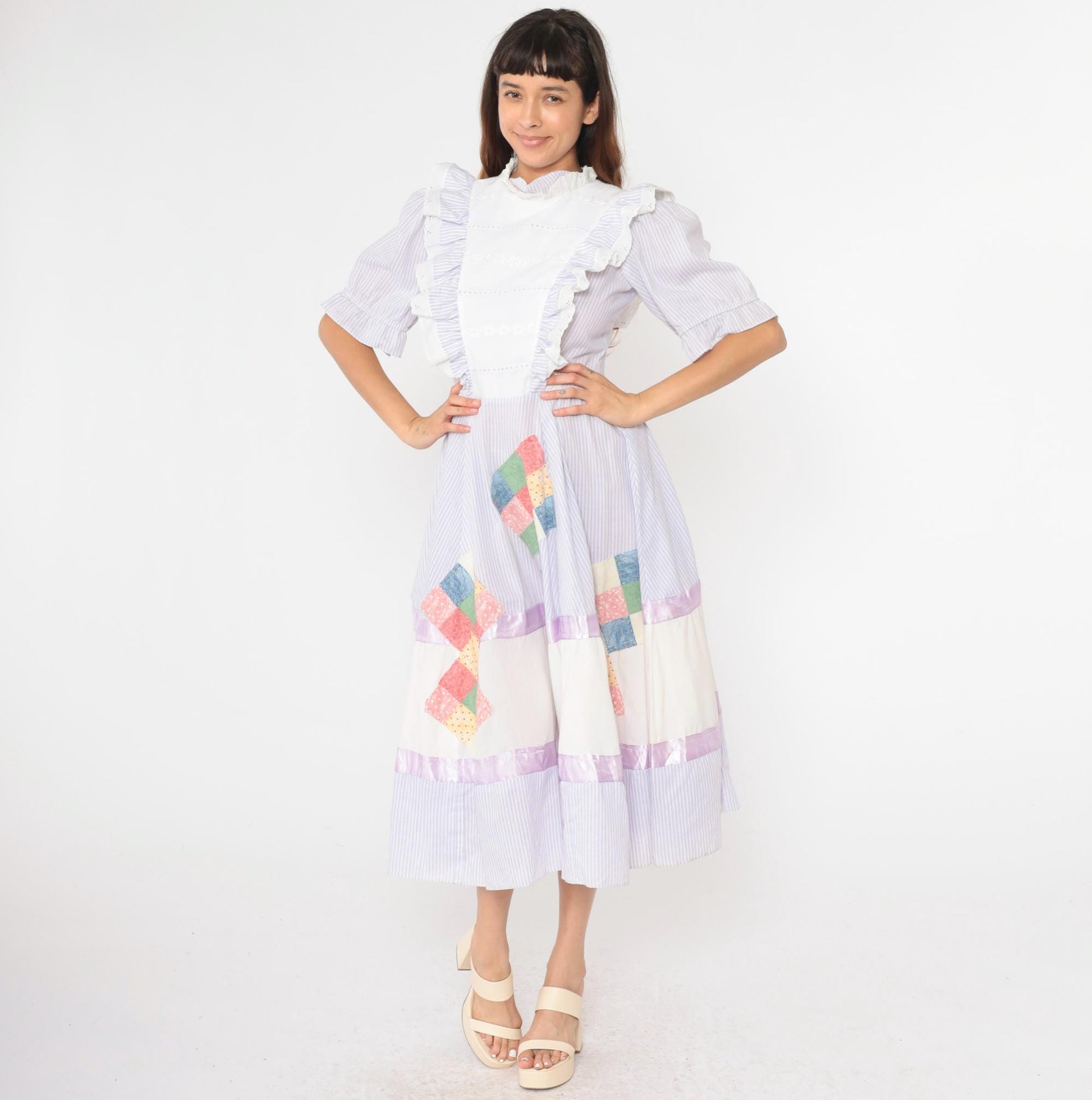 80s Jeri Bee Square Dance Dress Lavender Striped Puff Sleeve Midi Small