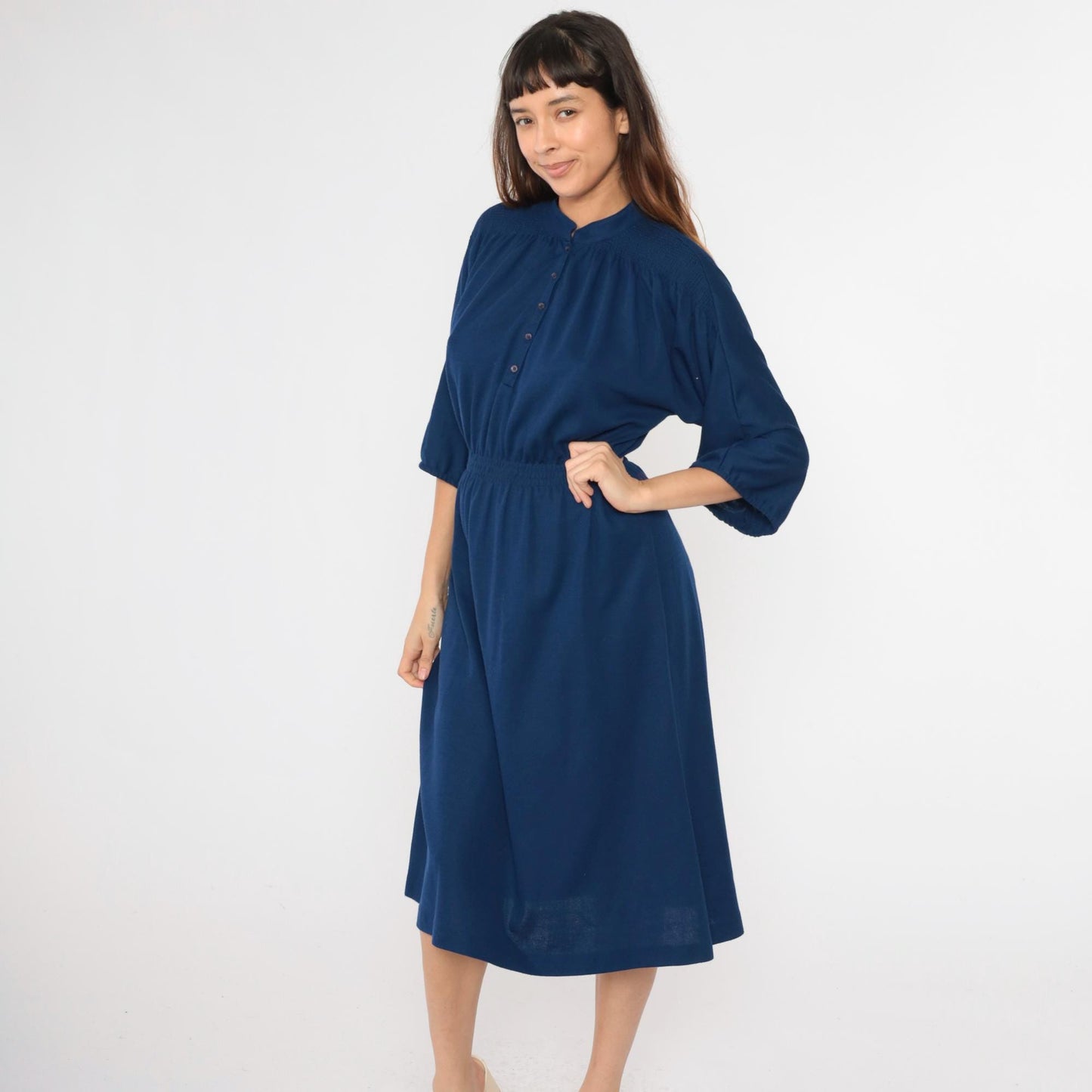 80s Leslie Fay Navy Mandarin Collar Shirtdress Midi Button-Up Small