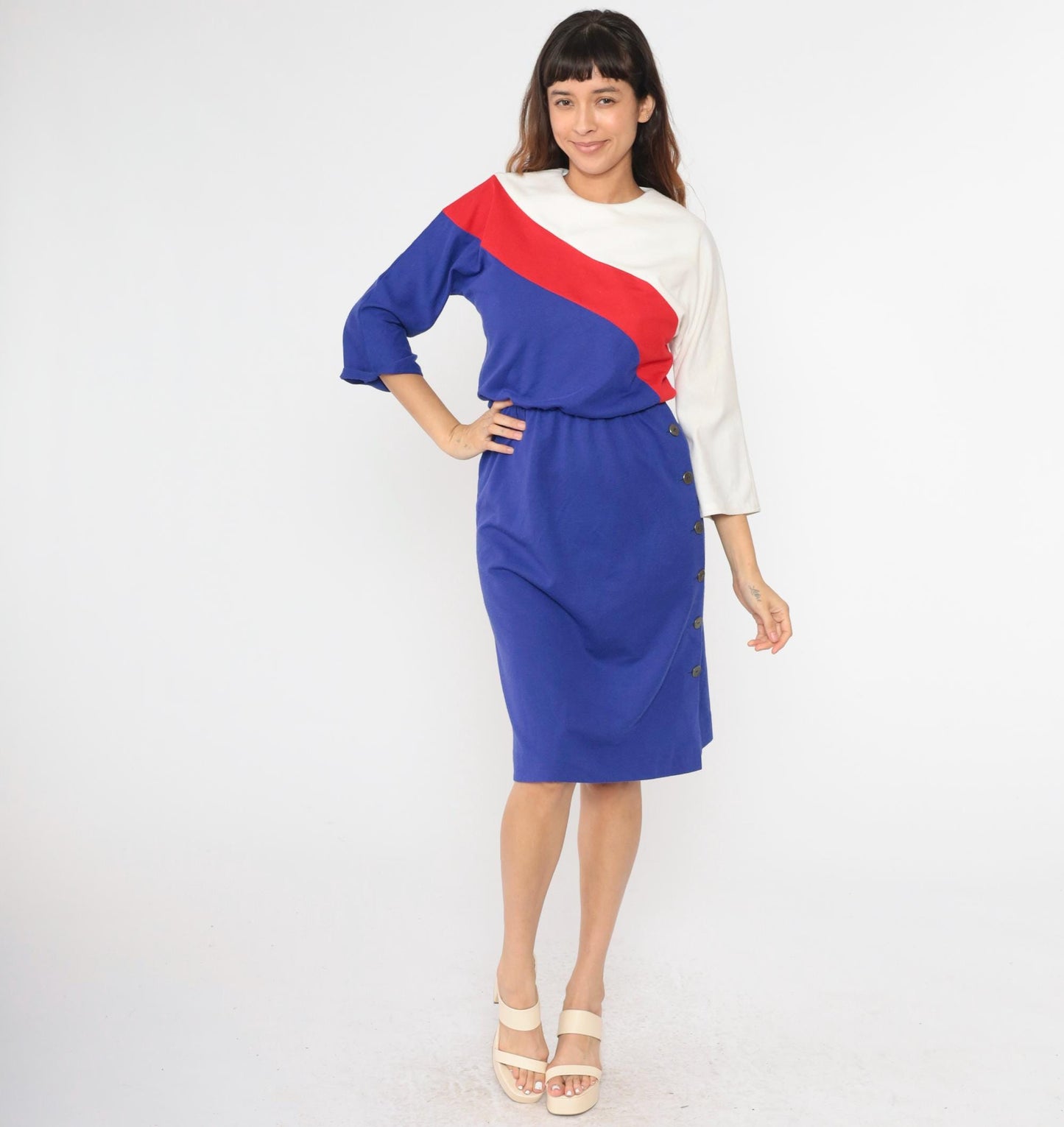 80s Leslie Fay Petites Colorblock Midi Dress Blue Red White Dolman Sleeve Small