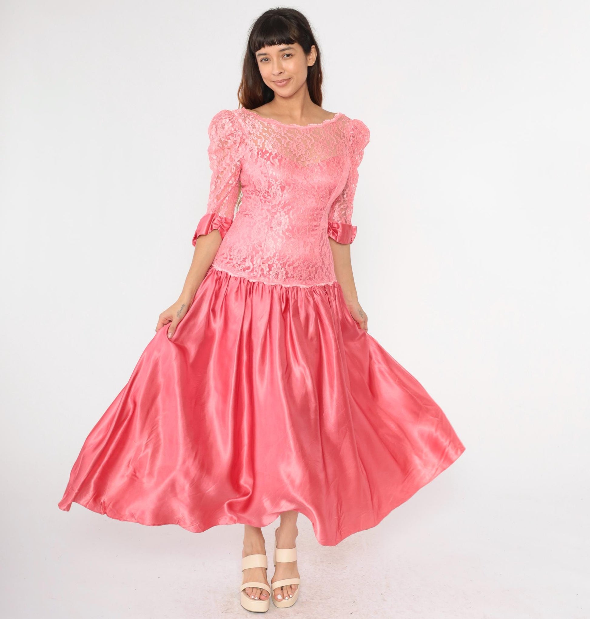 80s Pink Satin Lace Puff Sleeve Maxi Dress Drop Waist Low Back Small
