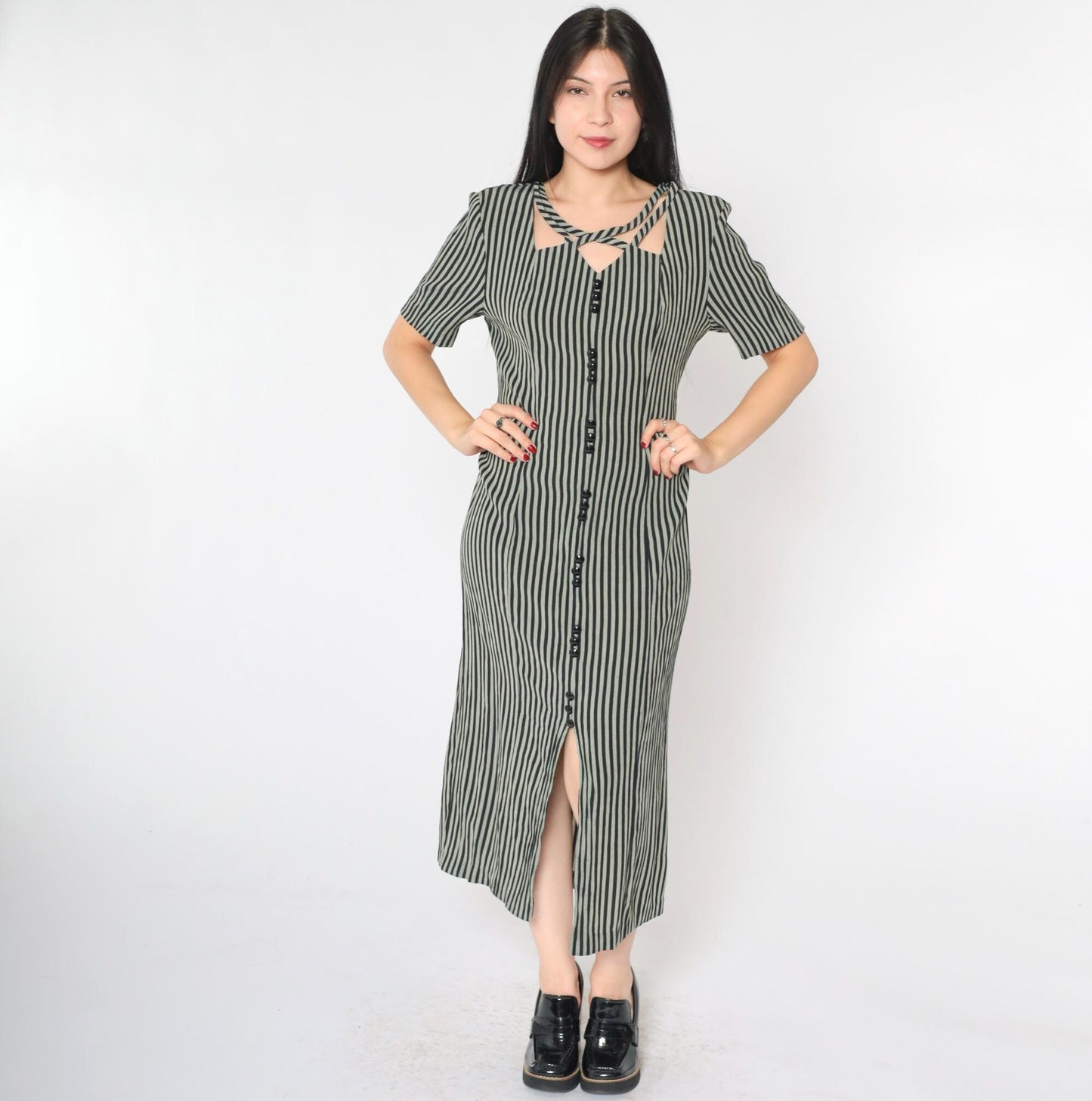 90s Kathie Lee Striped Cage Neck Midi Dress Black Grey Button Up Medium 8