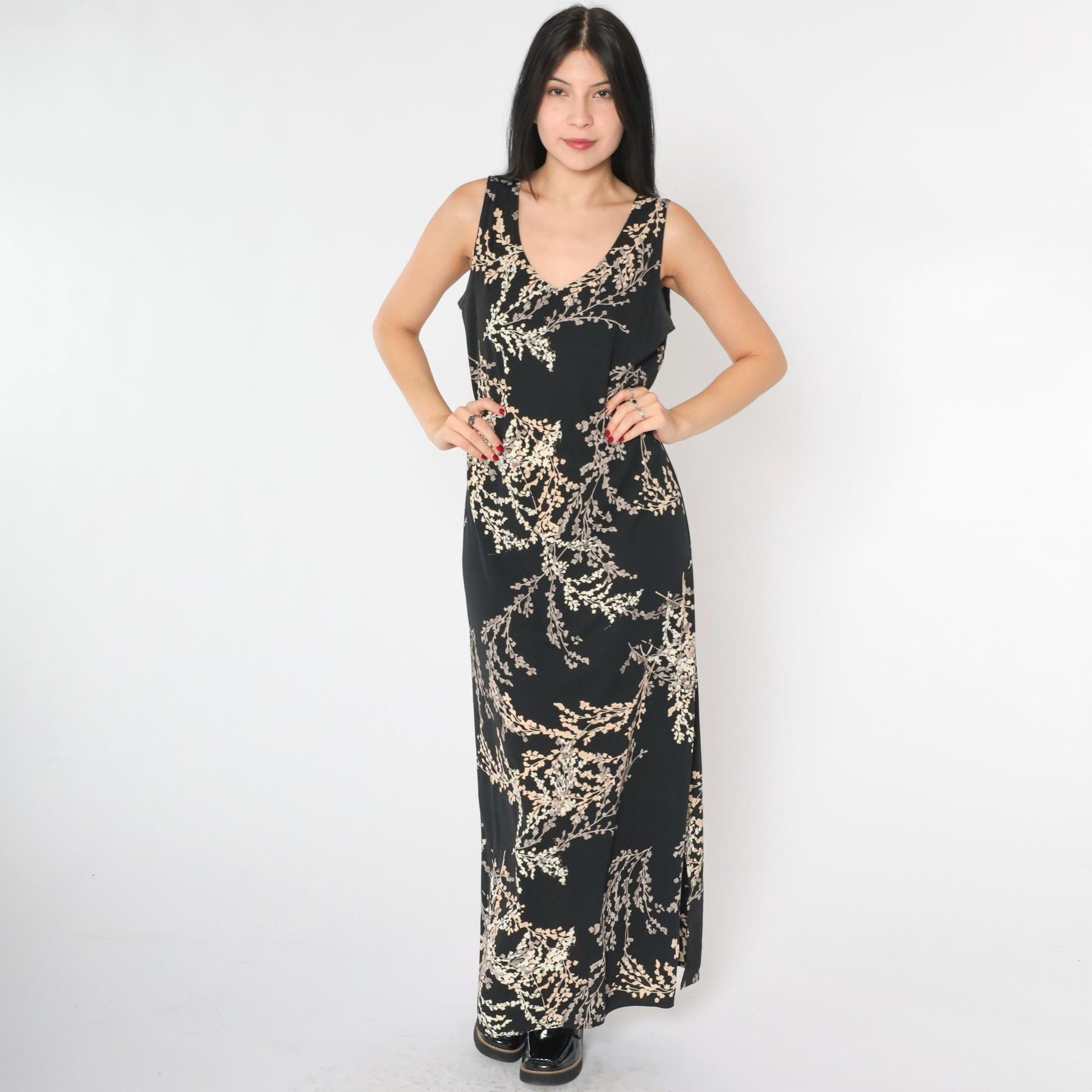 90s Black Floral Maxi Dress Sleeveless V-Neck Side Slit Medium