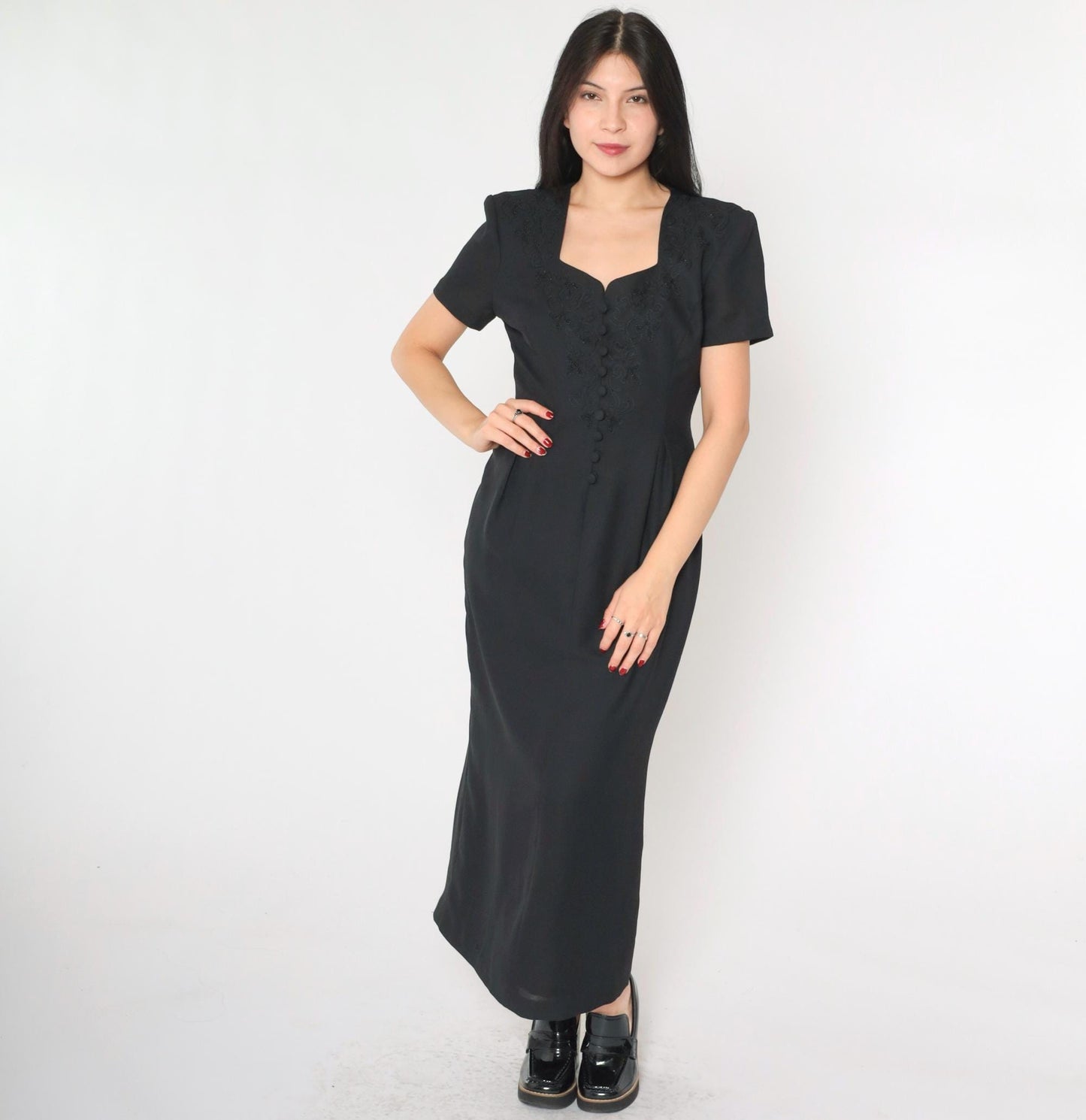 90s Black Soutache Beaded Maxi Dress Button Front Short Sleeve Medium