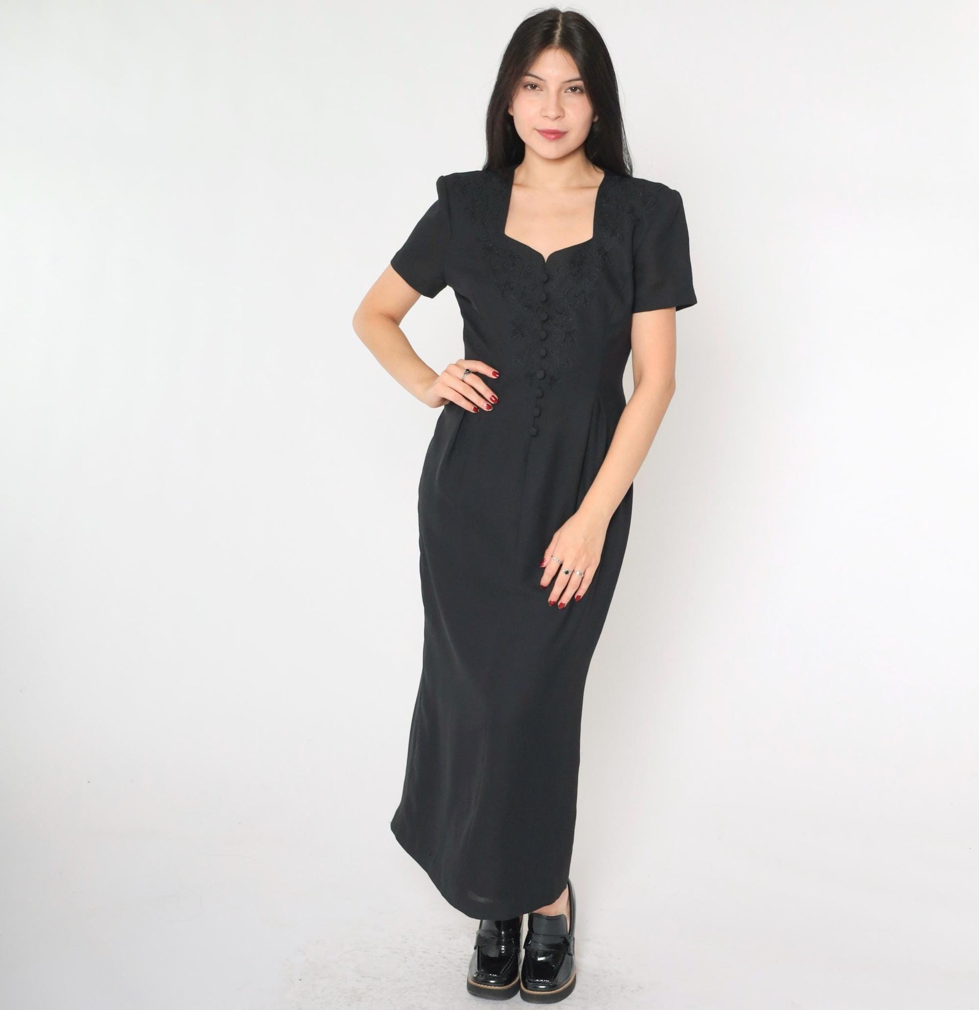 90s Black Soutache Beaded Maxi Dress Button Front Short Sleeve Medium