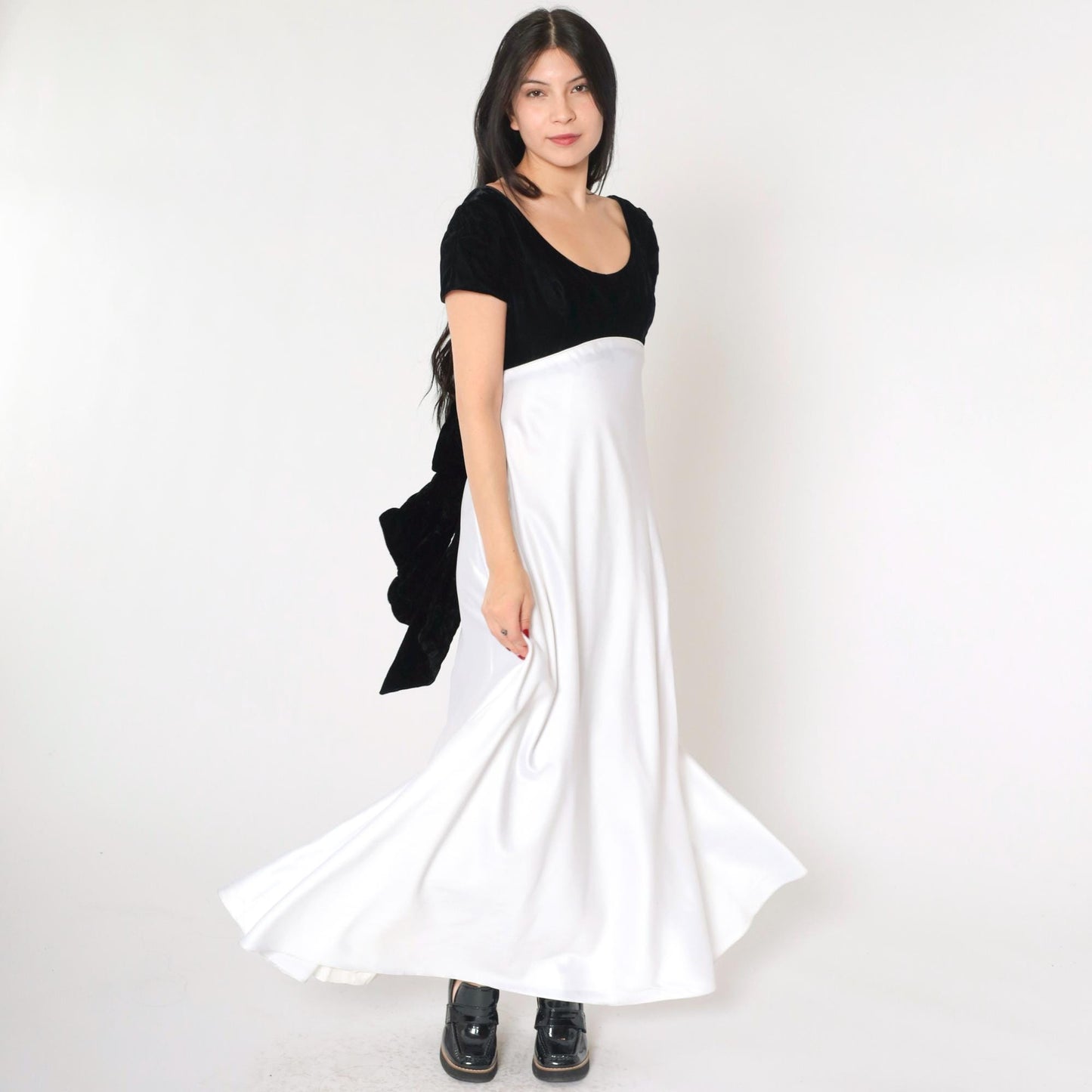 90s Jim Hjelm Black Velvet White Satin Maxi Dress Empire Waist Small 6