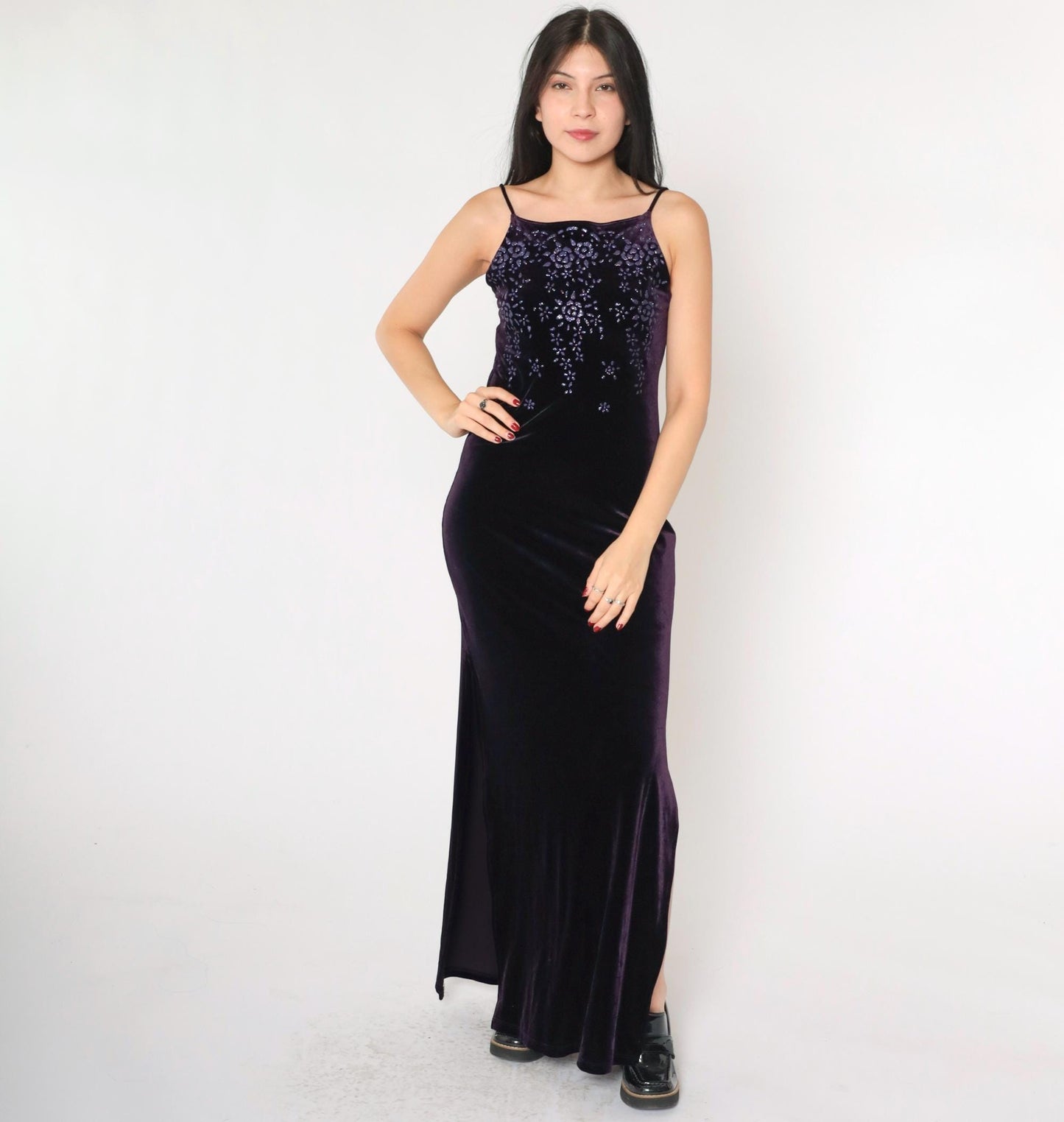 90s Purple Velvet Maxi Dress Glitter Floral Spaghetti Strap Side Slit Small