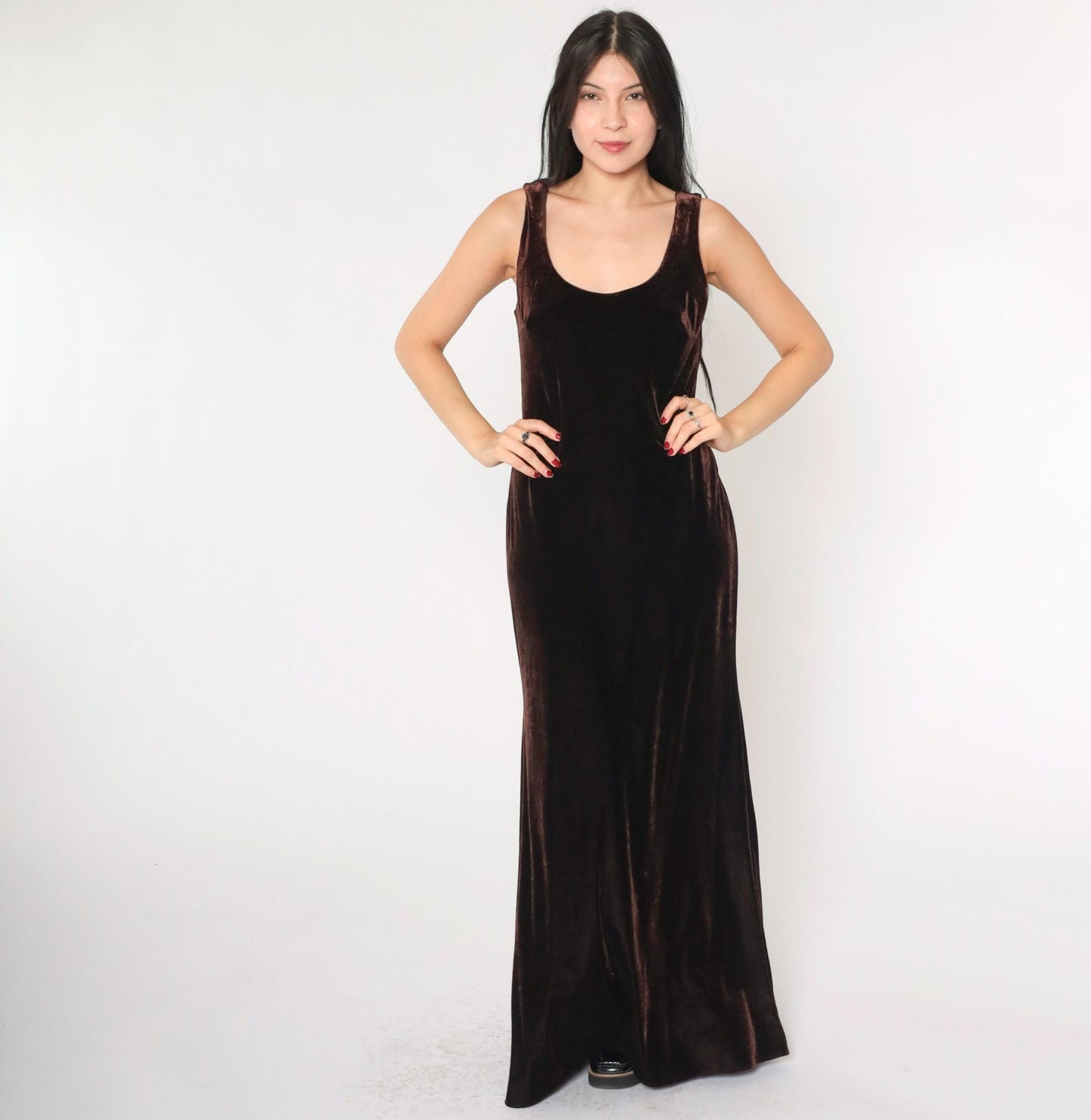 90s Niki Livas Brown Velvet Maxi Dress Keyhole Back Sleeveless Medium