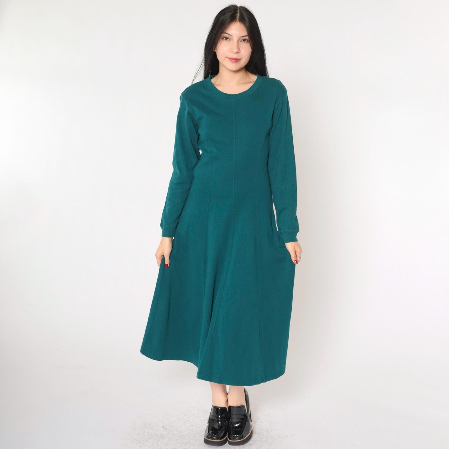 90s Teal A-Line Midi Dress Long Sleeve Princess Seam Cotton Small