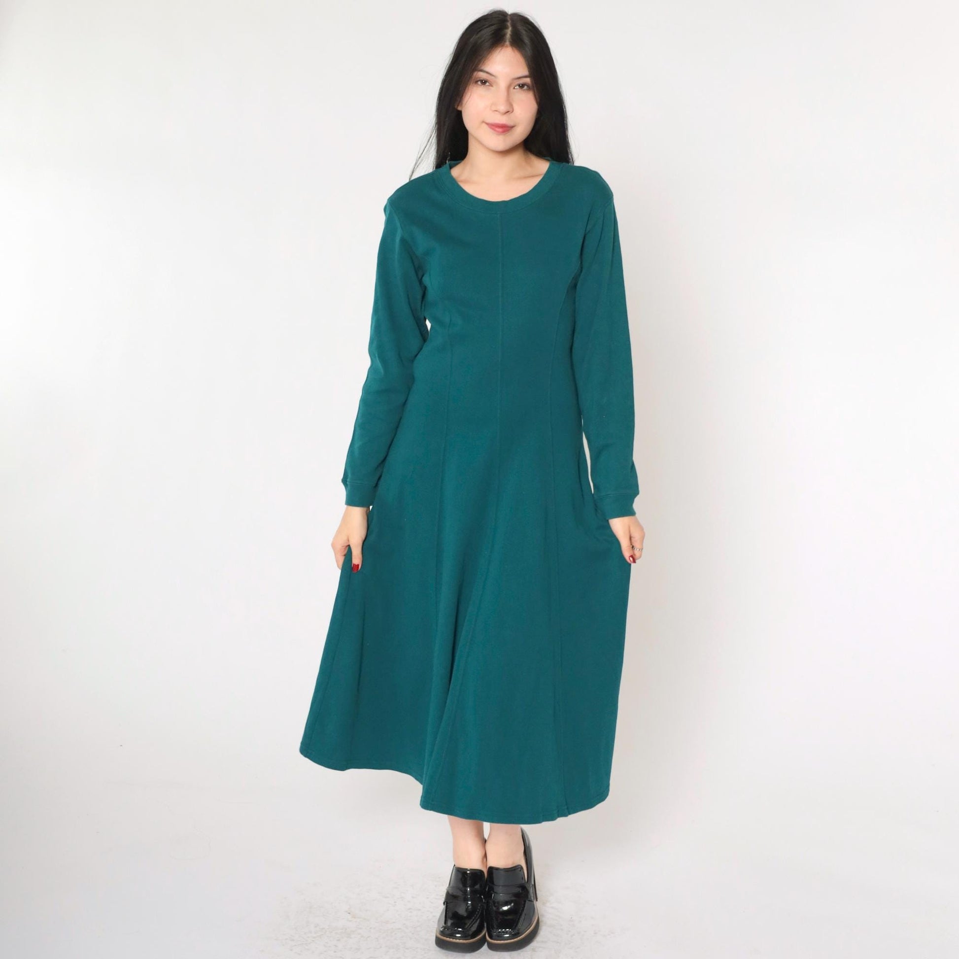 90s Teal A-Line Midi Dress Long Sleeve Princess Seam Cotton Small