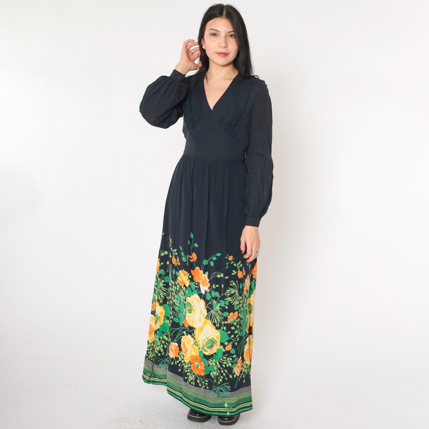 70s Vera Mont Paris Black Floral Maxi Dress V-Neck High Waist Small